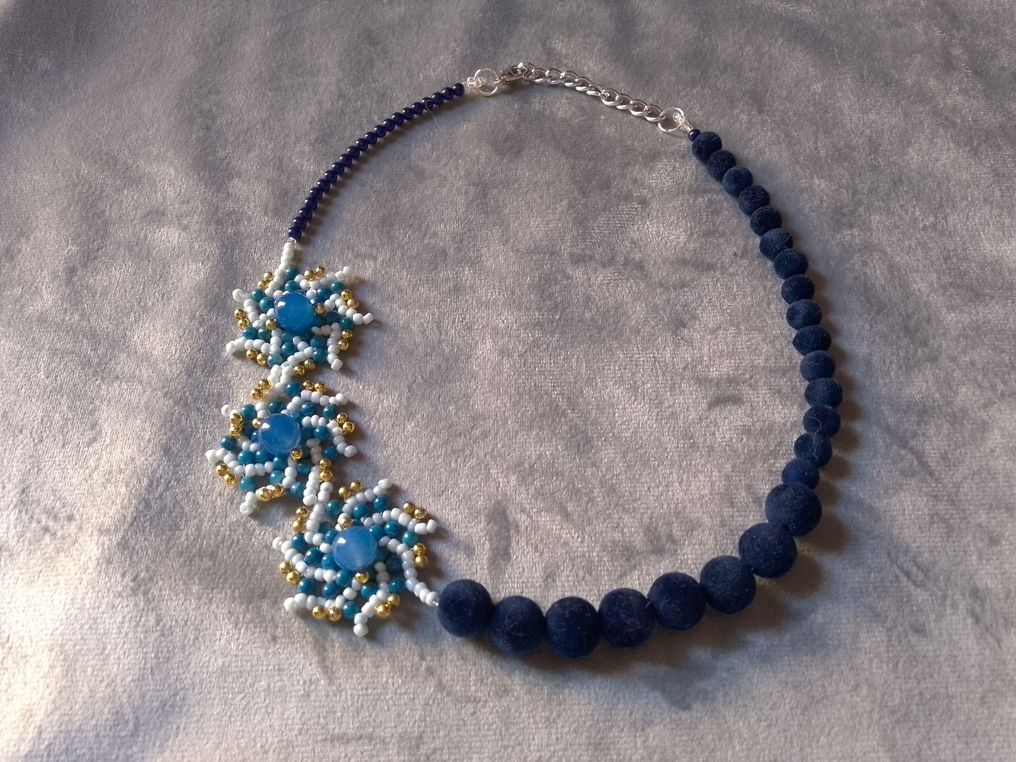 Handmade Glamour Necklace Blue Agate stones +Velvet dark Blue Pearls Size ONE SIZE - 2 Thumbnail