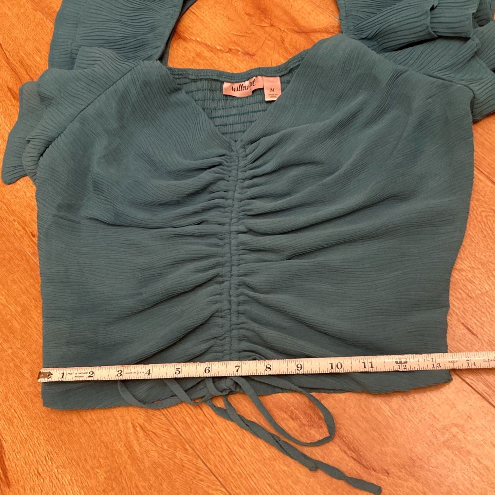 Roots Root Willow Teal Ruffle Sleeve Crop Blouse Med Rouged Tie Front Smocked Boho Women Size M / US 6-8 / IT 42-44 - 6 Thumbnail
