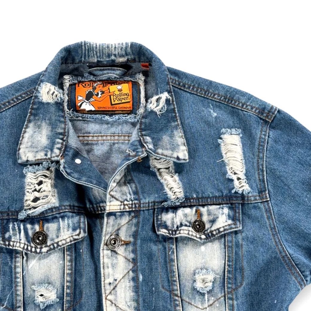 Denime Rolling Paper Jacket Mens LARGE Blue Jean Denim Distressed Splatter 90s Punk Retro Rock Casual Size Large Size US 33 - 2 Thumbnail