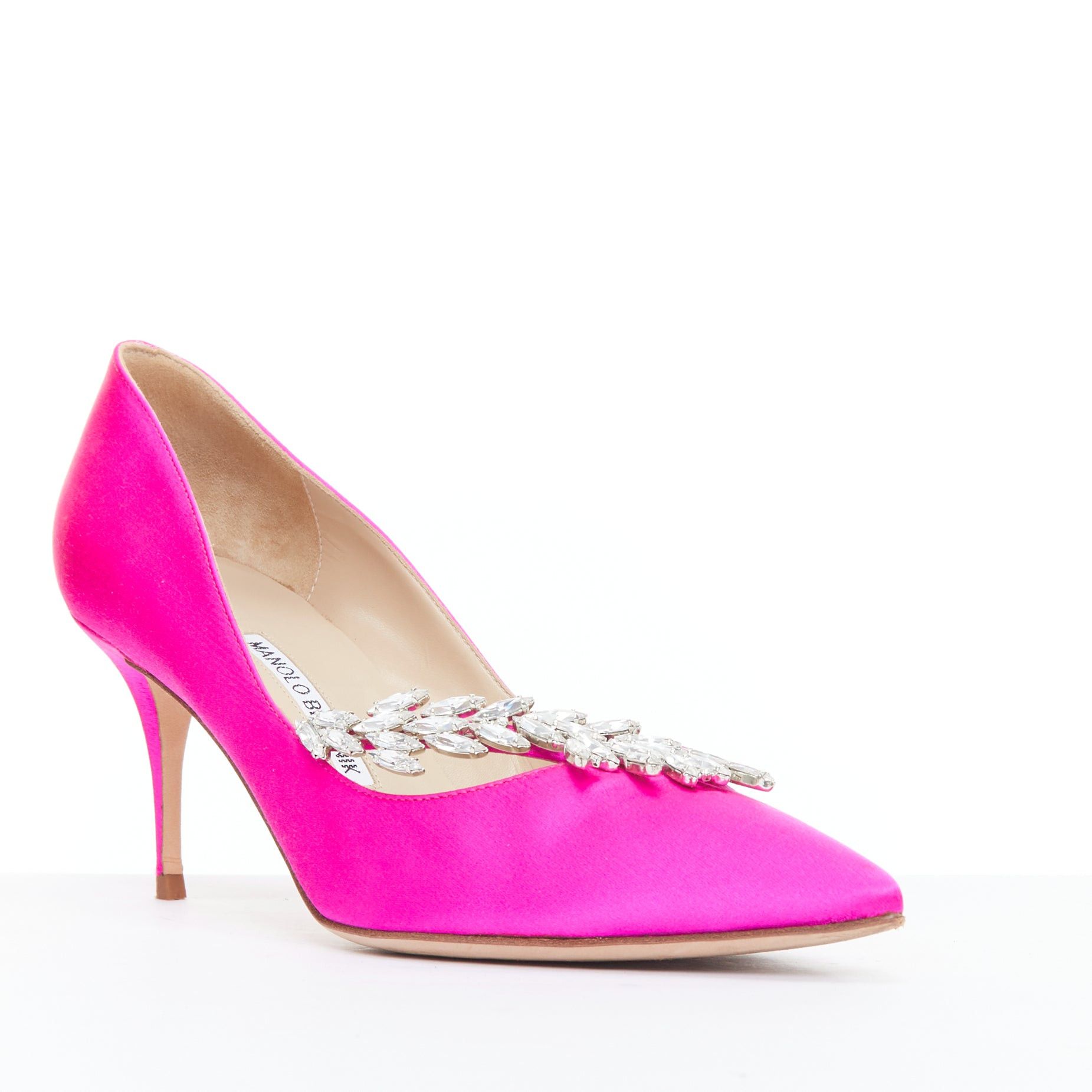 Manolo Blahnik MANOLO BLAHNIK Nadira 75 hot pink satin silver crystal mid pumps EU39 Size US 9 / IT 39 - 1 Thumbnail