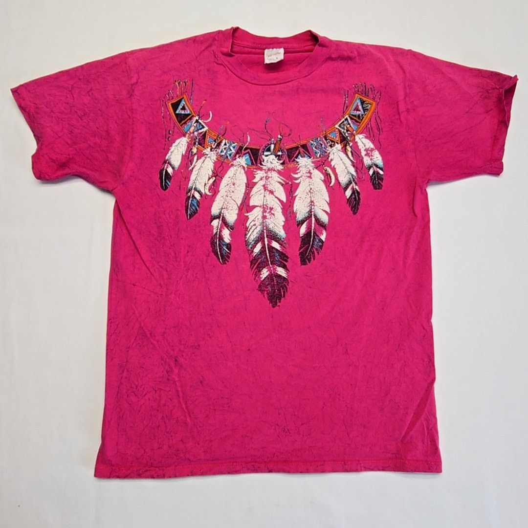 Jerzees Vintage Feathers Shirt Pink Native American Print L Tee Size US L / EU 52-54 / 3 - 1 Thumbnail