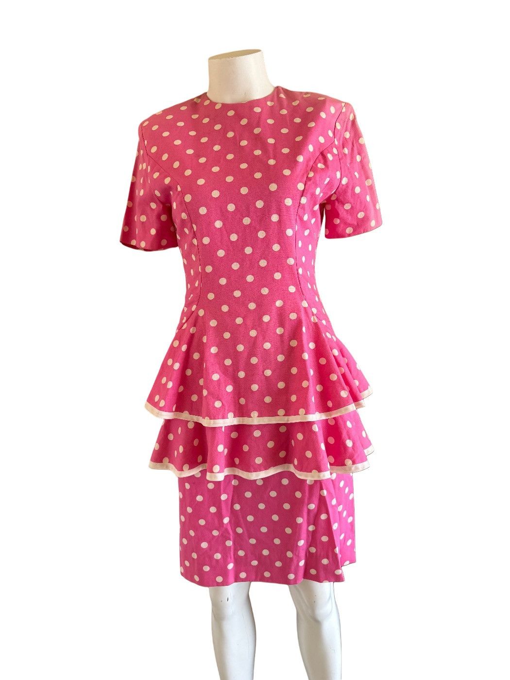 Vintage 80s pink polka dot skirt peplum blouse set XS Size 28" / US 6 / IT 42 - 1 Thumbnail