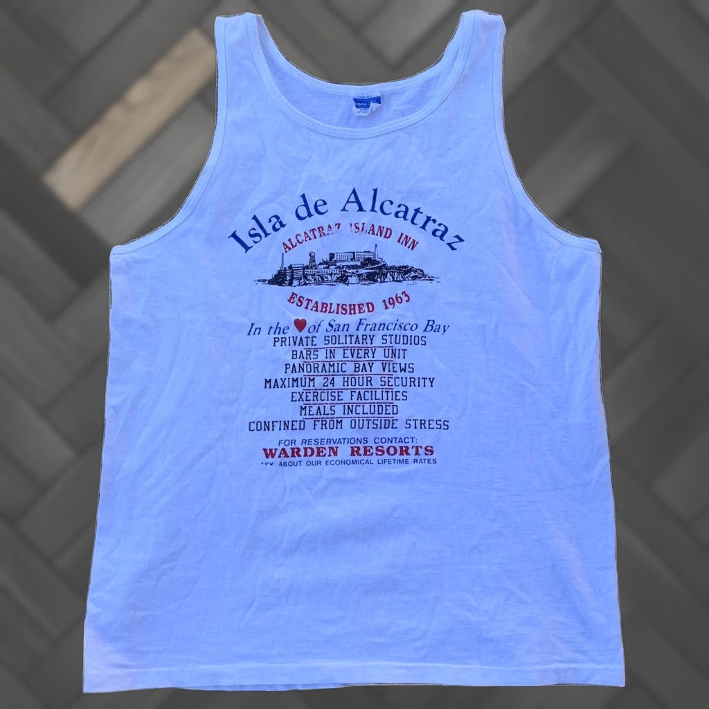 Vintage VINTAGE Alcatraz Island Inn Warden Reaorts Tank Top Single Stitch L Made In USA Men Tank Top 1980s White 100% Cotton Graphic USA Adventure Size US L / EU 52-54 / 3 - 1 Thumbnail
