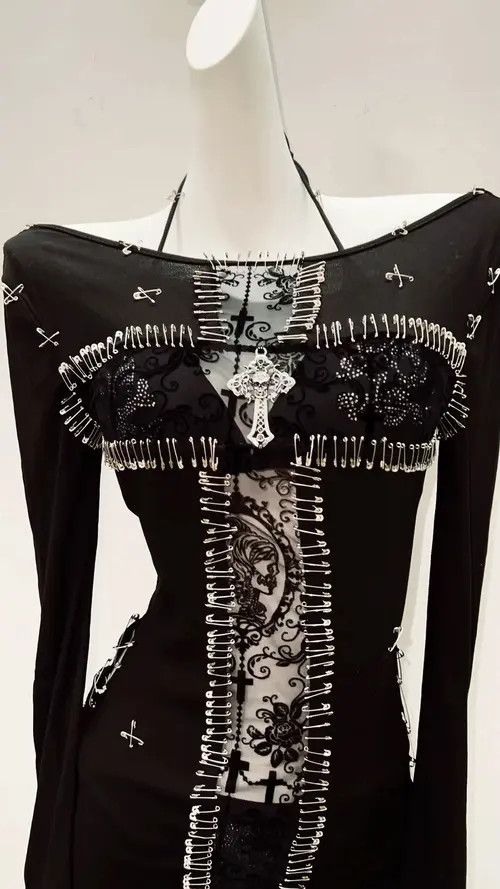 Designer Gothic Punk Y2k Crop Top Long Sleeve Black Shirt Size M / US 6-8 / IT 42-44 - 1 Thumbnail