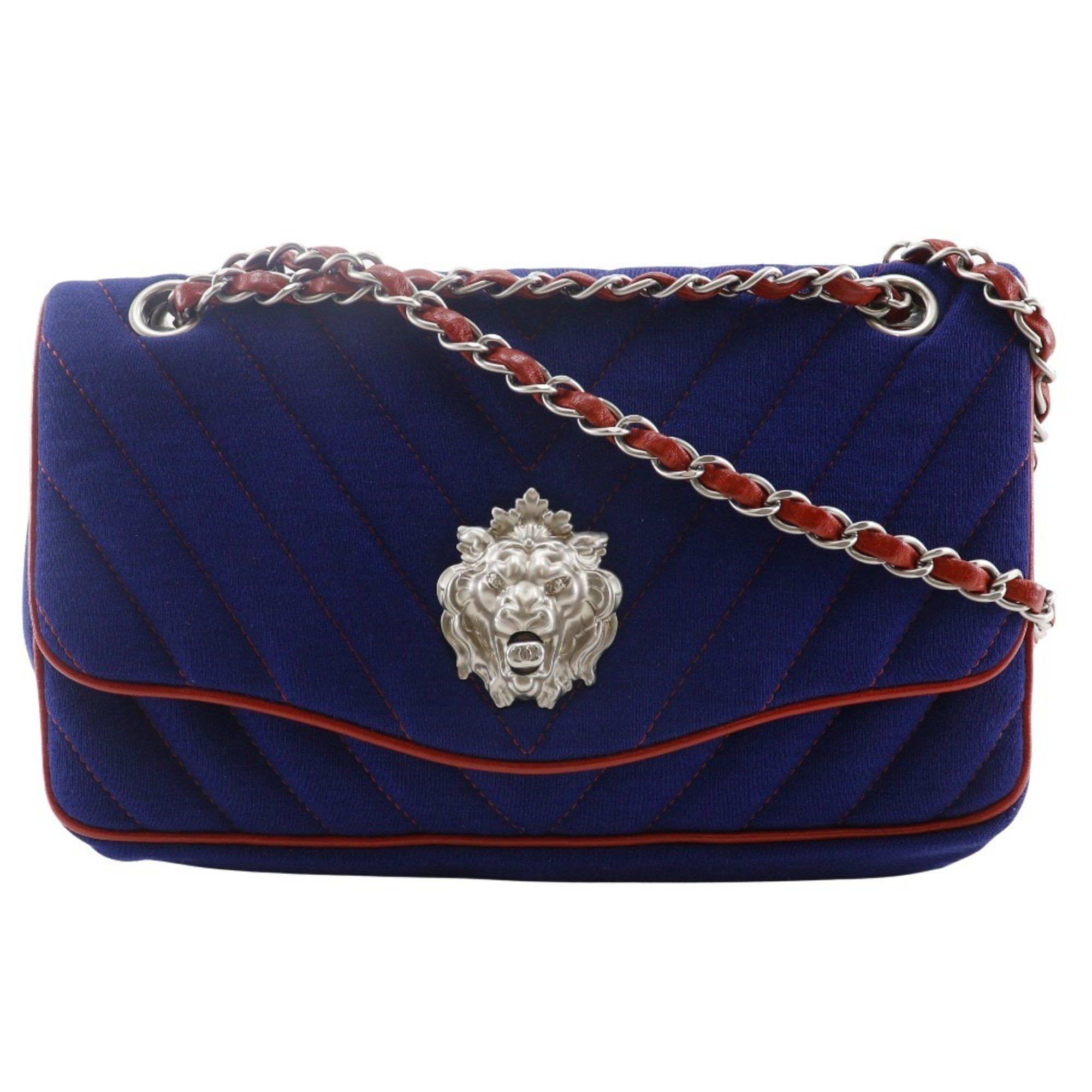 Chanel CHANEL Double Chain Shoulder Bag, V-Stitch, Lion Chevron, Cotton, 2010, Navy/Red, A5, Turnlock, Women's Size ONE SIZE - 1 Thumbnail