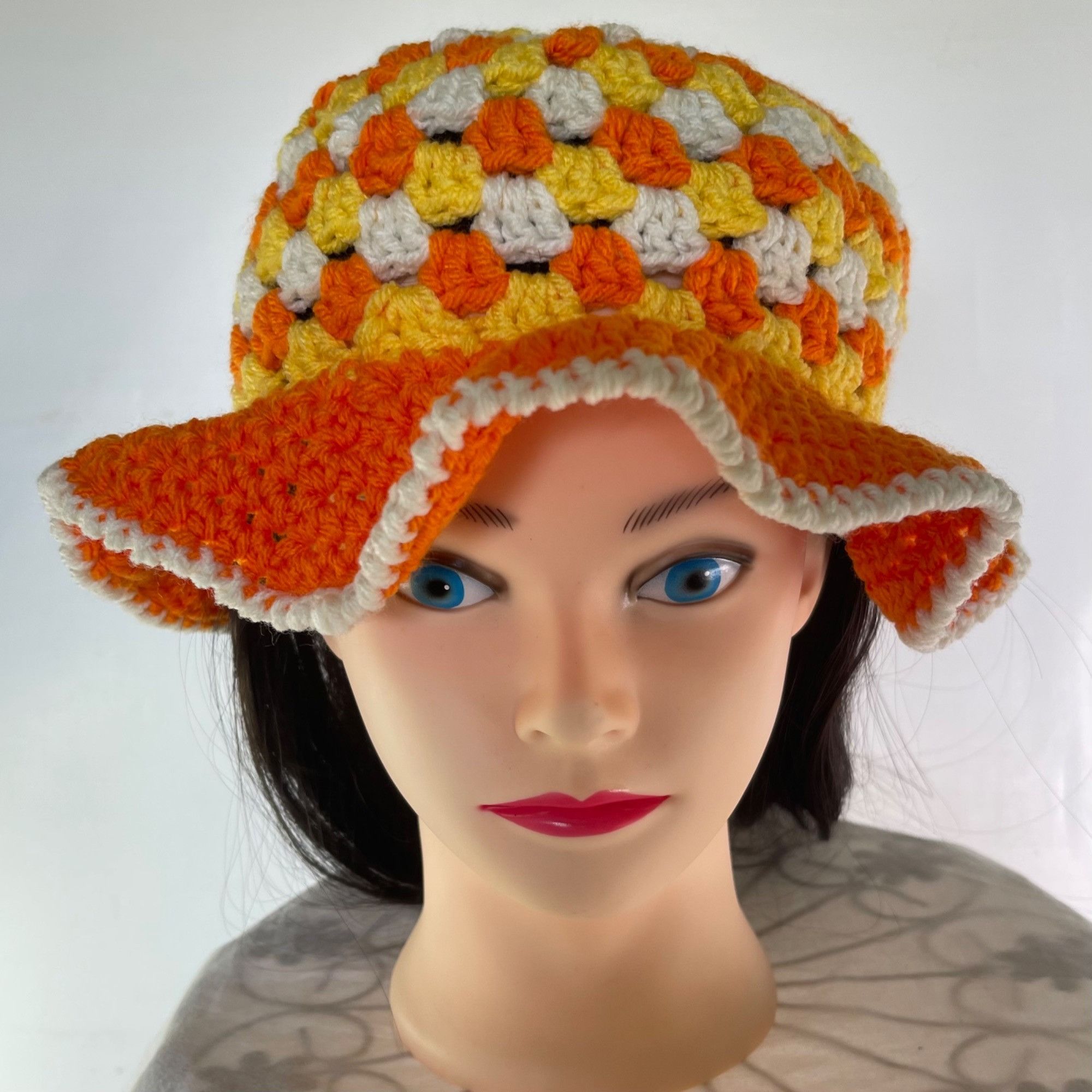 Handmade Crochet Bucket Hat Granny Square Pattern Orange Yellow White Size ONE SIZE - 1 Thumbnail