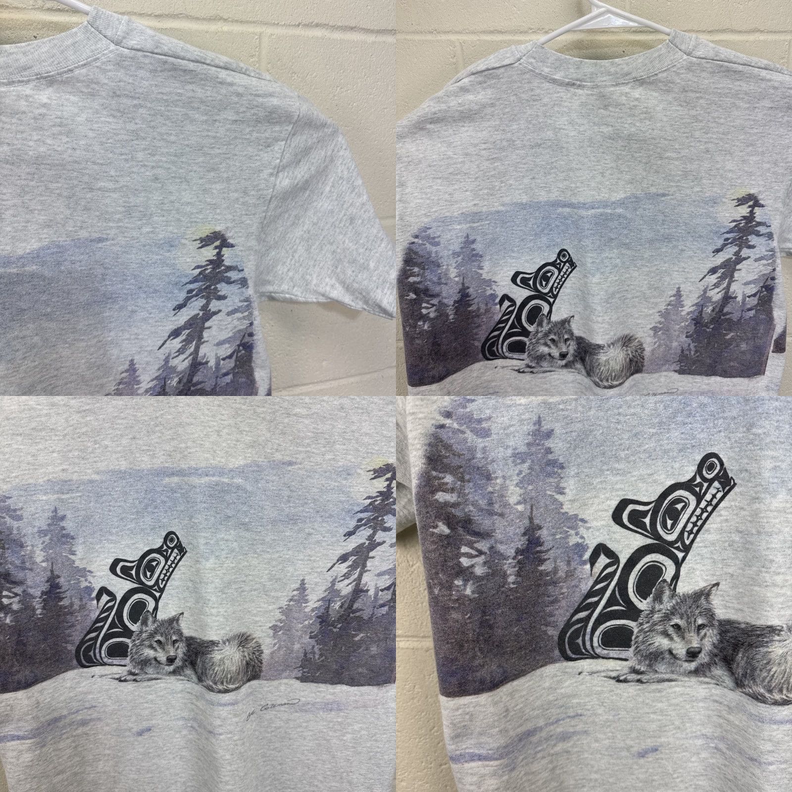 Fruit Of The Loom VINTAGE Alaska T Shirt Mens Large Grey Wolf Nature Sue Coleman Wrap Around Print Shirt Mens Large Grey Wolf Nature 1990s Alaska Animal US Vintage Size US L / EU 52-54 / 3 - 10 Thumbnail
