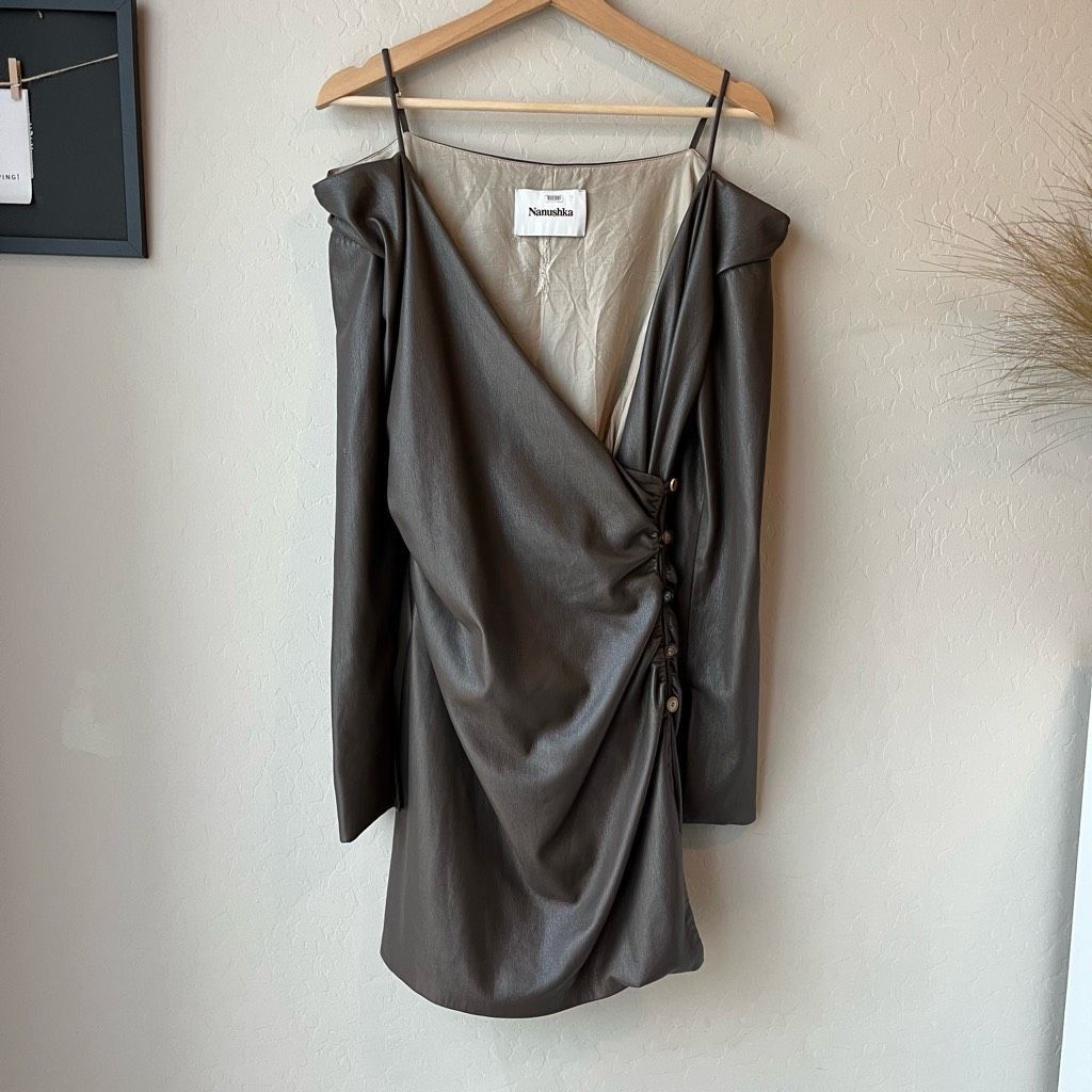 Nanushka Nanushka Surplice Cold Shoulder Brown Faux Leather Mini Dress Size Medium Size M / US 6-8 / IT 42-44 - 2 Thumbnail