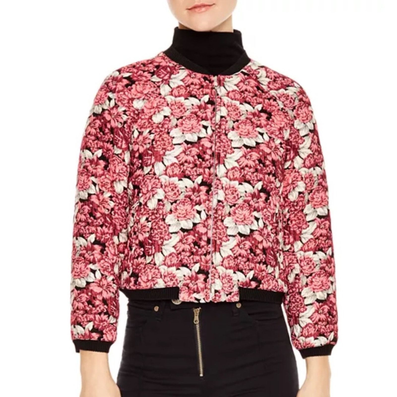 Sandro Sandro Jaquard EVORA FLORAL CROPPED BOMBER JACKET IN PINK Size XS / US 0-2 / IT 36-38 - 1 Thumbnail