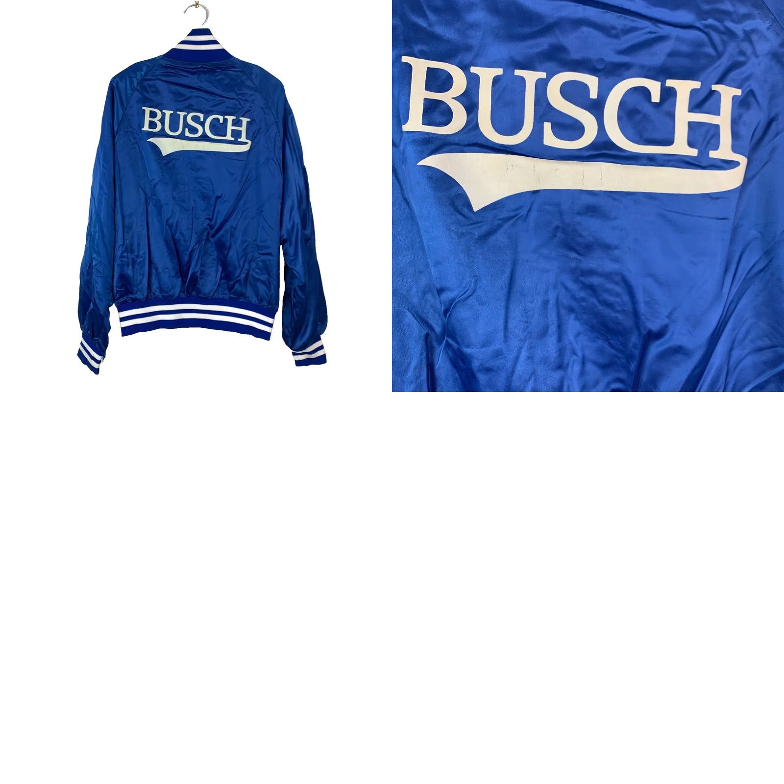 Vintage VINTAGE Trophy Sportswear 70s Anheuser Busch Satin Bomber Jacket Blue White Nylon Varsity L Mens 43" Repair طويلة Size US L / EU 52-54 / 3 - 8 Thumbnail