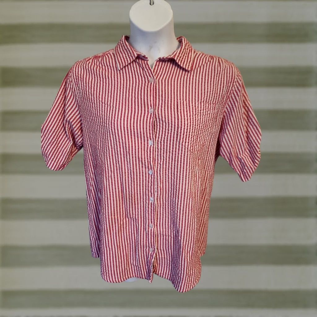 Vintage Woman Within Shirt M Womens Hot Pink Striped Short Sleeve Top Shirt Sz M Size M / US 6-8 / IT 42-44 - 1 Thumbnail