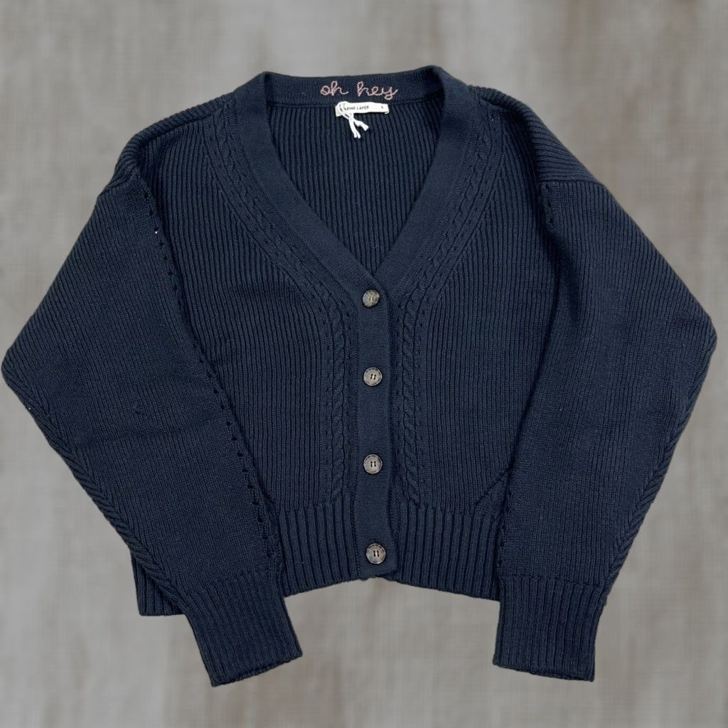 Marine Layer Cardigan Sweater Women Small Black Knit Cropped Heavy Chunky V Neck Cardigan Women Black Knit Cotton Nylon Wool Solid Vintage No
