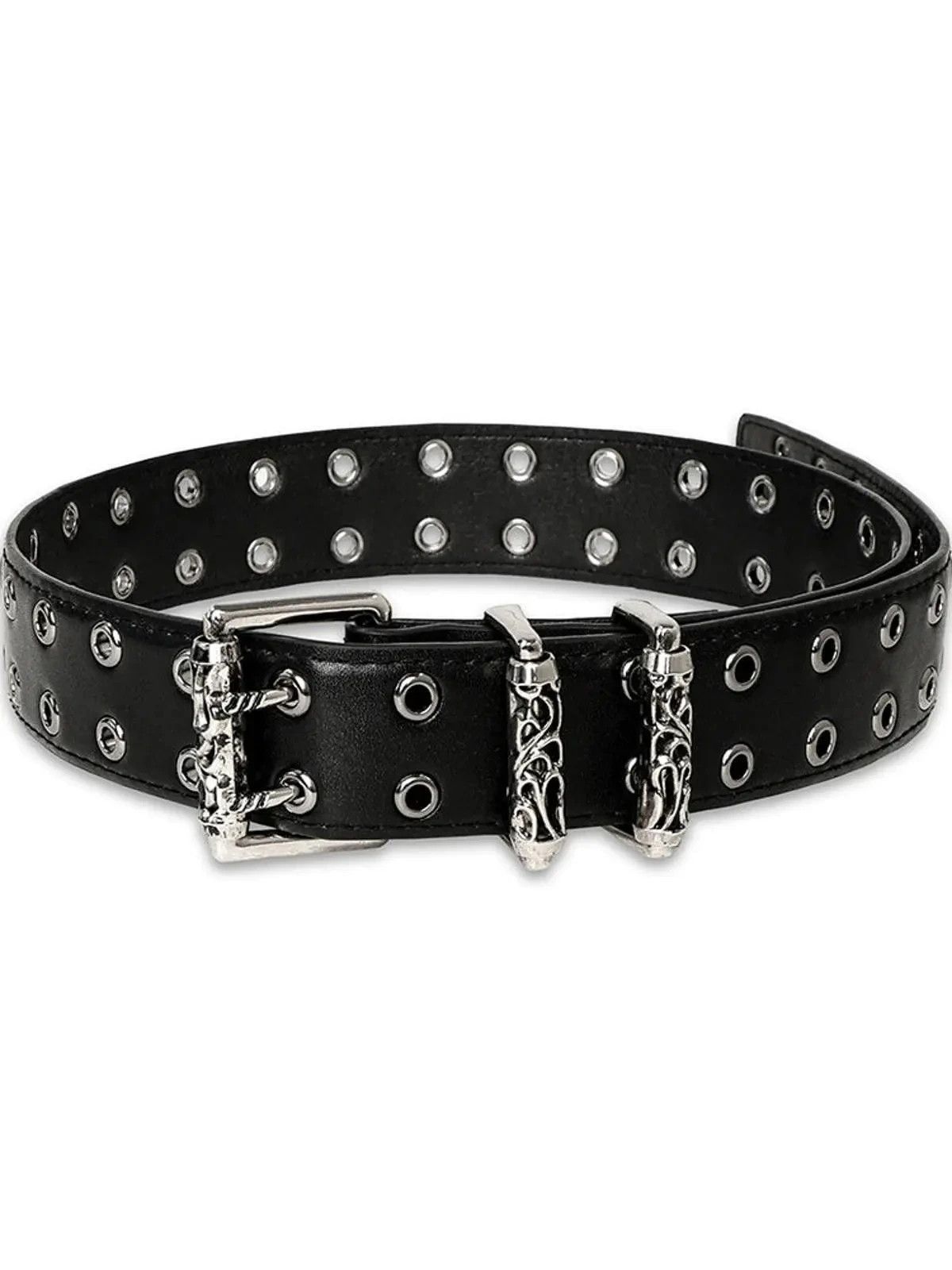 Other Black Leather Grommet Belt with Heavy-Duty Silver Buckle Size ONE SIZE - 5 Thumbnail