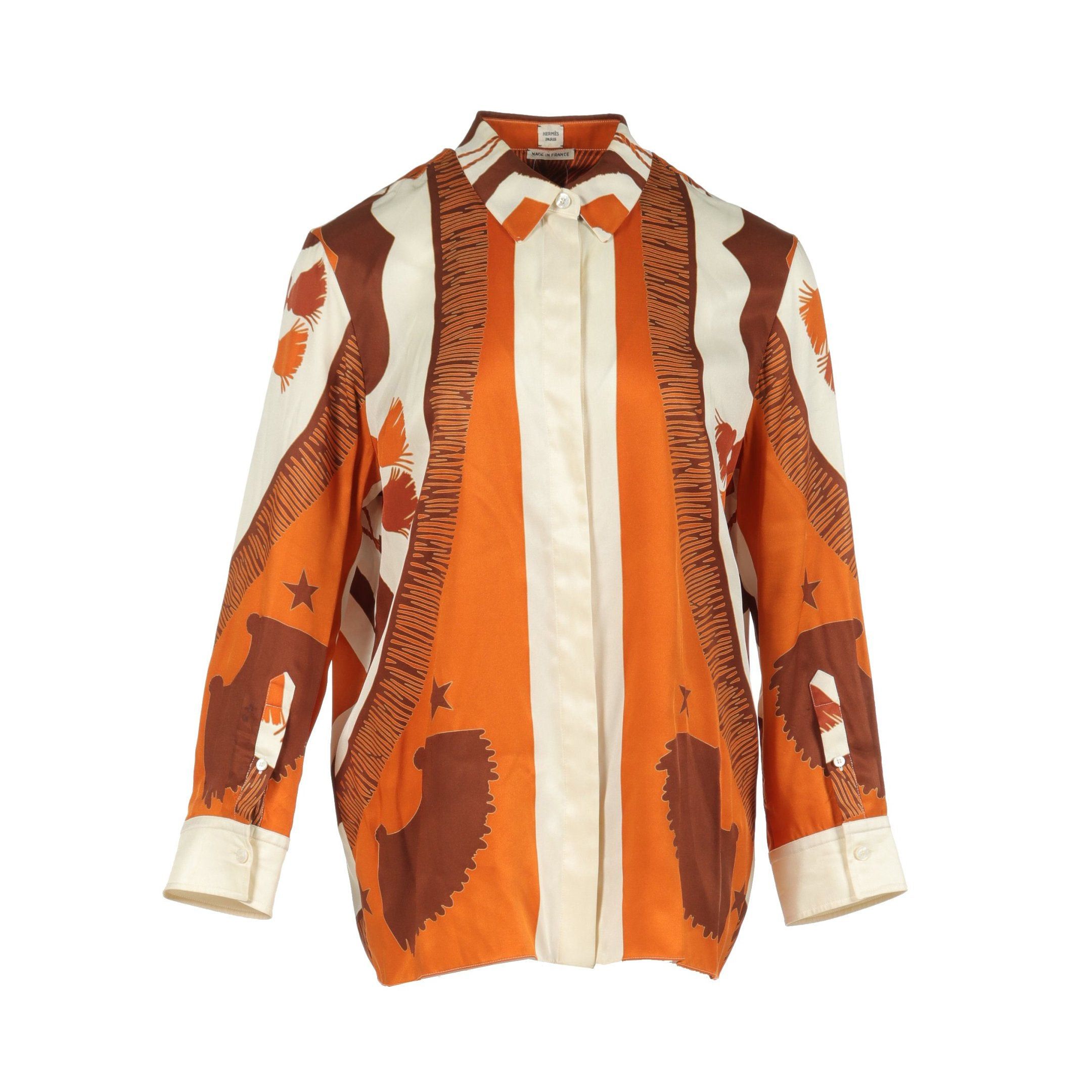 image of Hermes Blouse Silk Off White Brown Multicolor, Women's