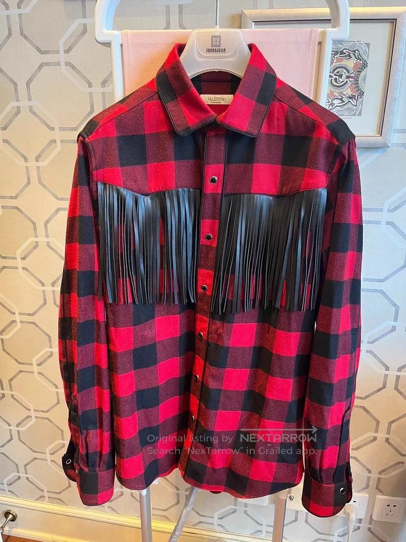 Valentino Valentino Black and red plaid sheepskin fringed wool shirt Size US M / EU 48-50 / 2 - 2 Thumbnail