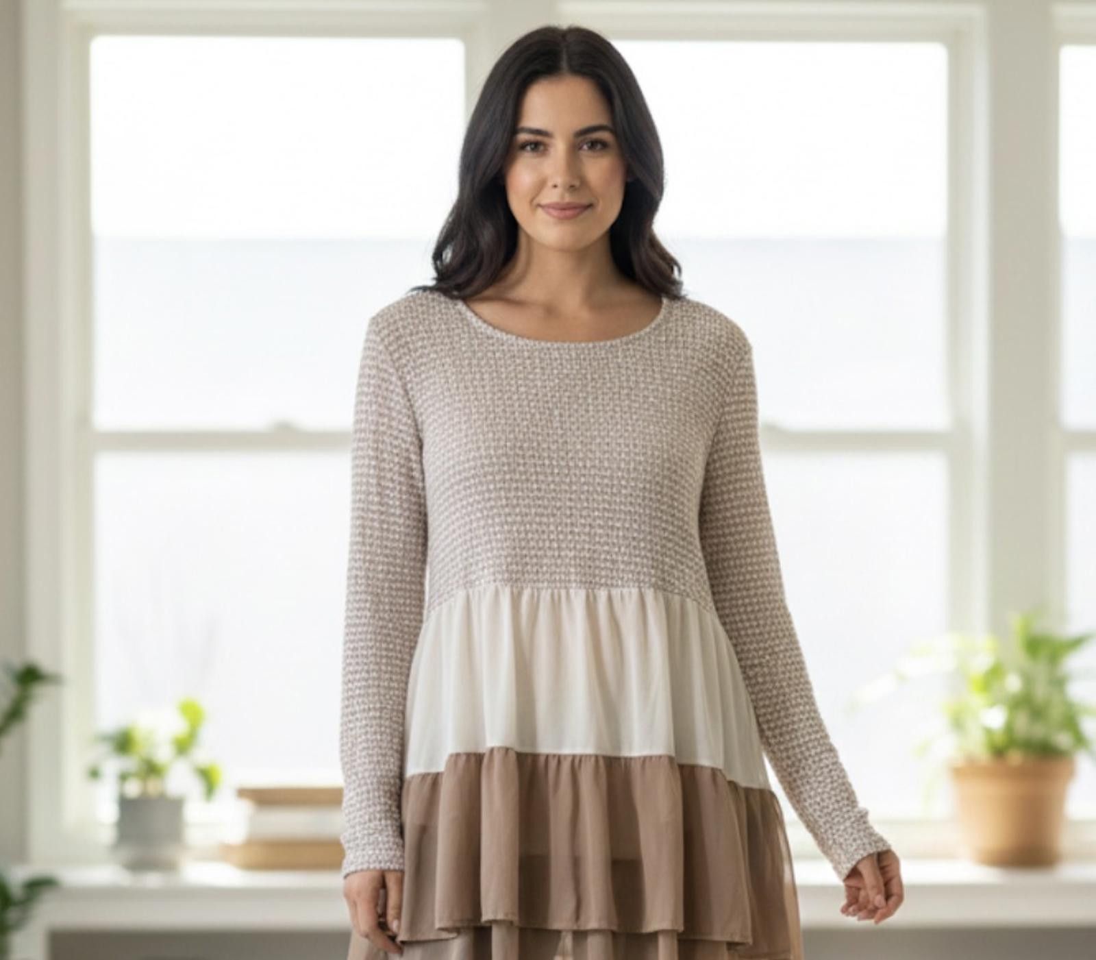 Other Oh Gussie! Long Sleeve Knit Chiffon Tiered Top L boho Size L / US 10 / IT 46 - 1 Thumbnail
