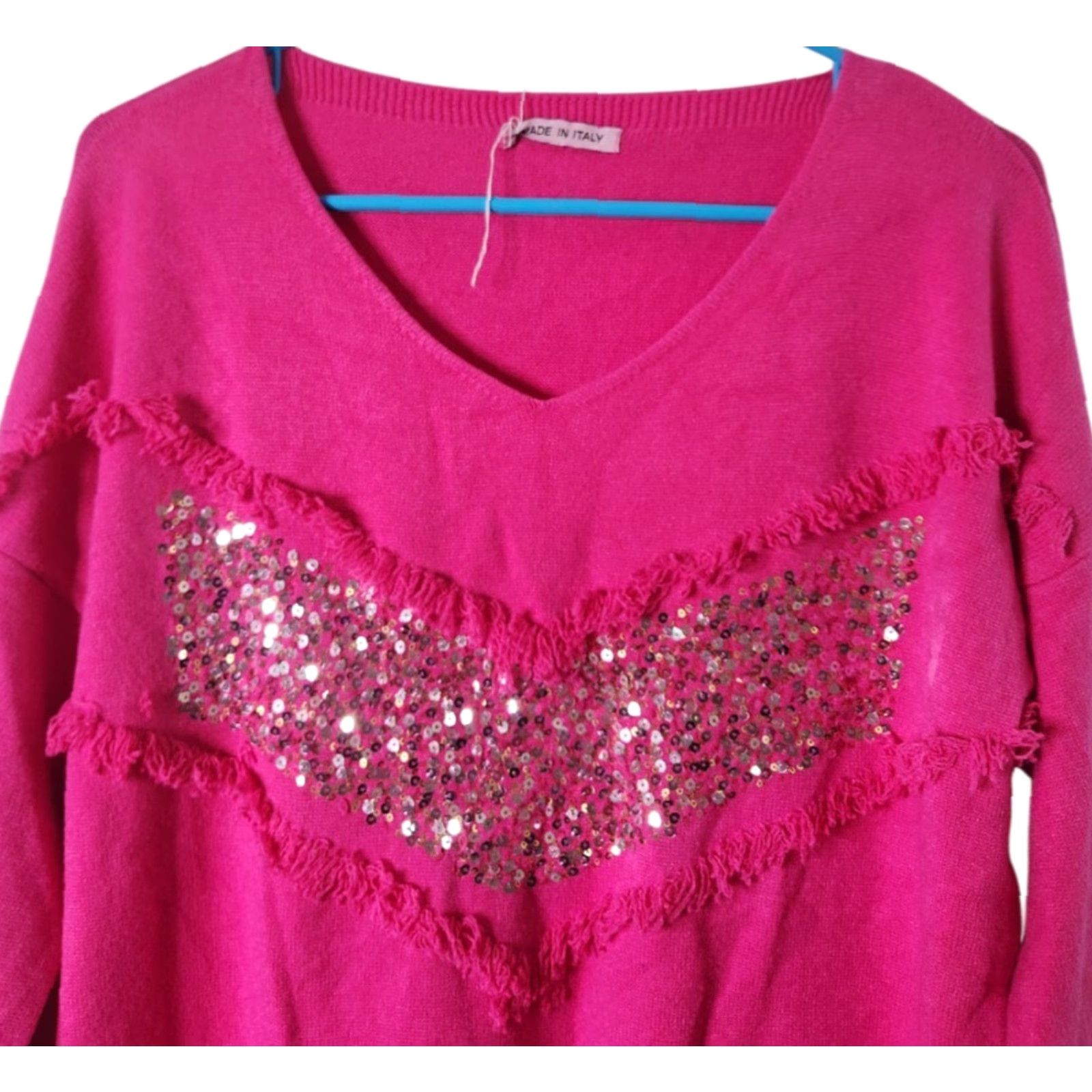 Vintage VINTAGE Made in Italy Womens Sequin Pullover V-Neck Fringe Sweater Pink Size ONE SIZE - 3 Thumbnail