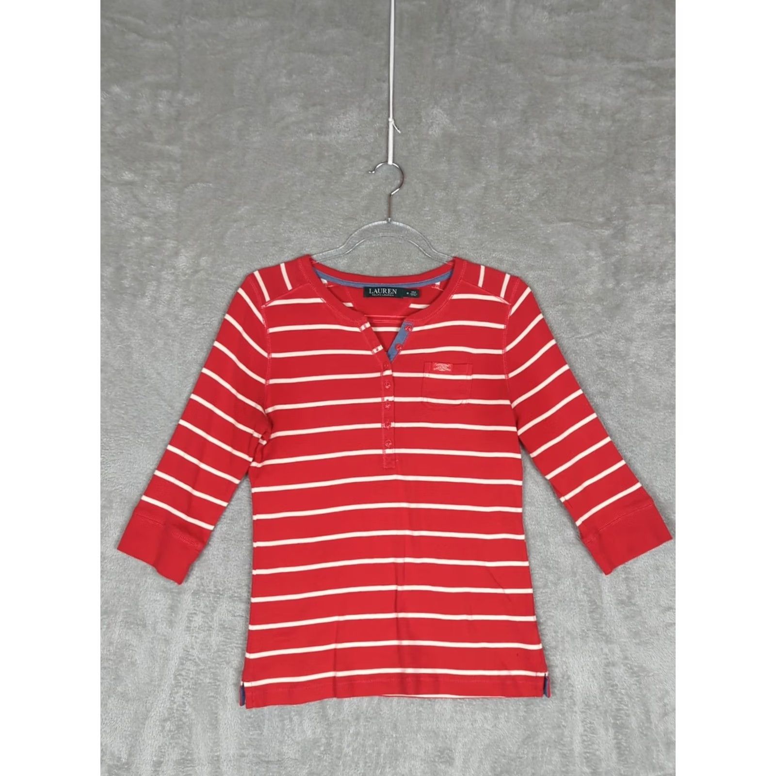 Ralph Lauren VINTAGE Lauren Ralph Lauren Top Women M Red Striped 3/4 Sleeve 100% Cotton Henley Shirt Size M / US 6-8 / IT 42-44 - 2 Thumbnail