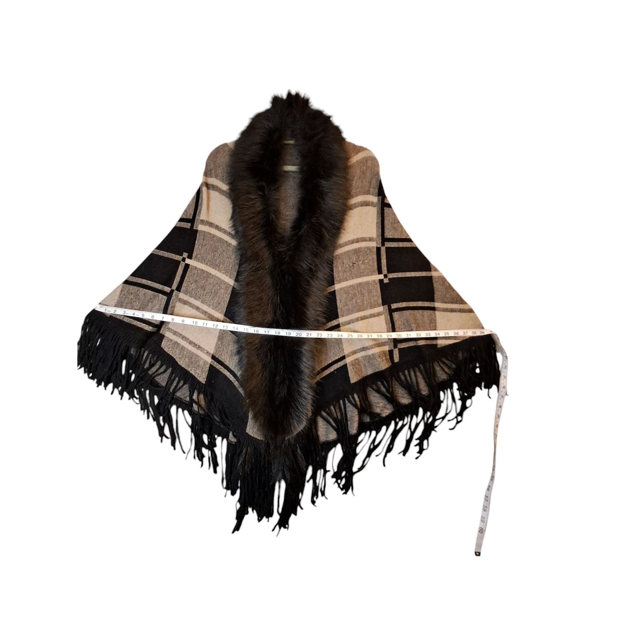 Other Shawl Black Tan Plaid Faux Fur Trimmed Fringe Wrap Size ONE SIZE - 6 Thumbnail