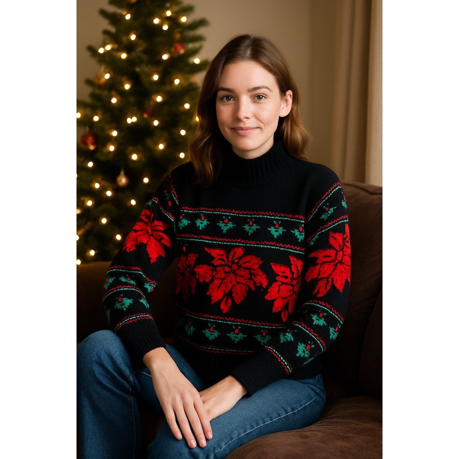 Other Vintage Christmas Poinsettia Knit Holiday Sweater Black M Size M / US 6-8 / IT 42-44 - 1 Thumbnail