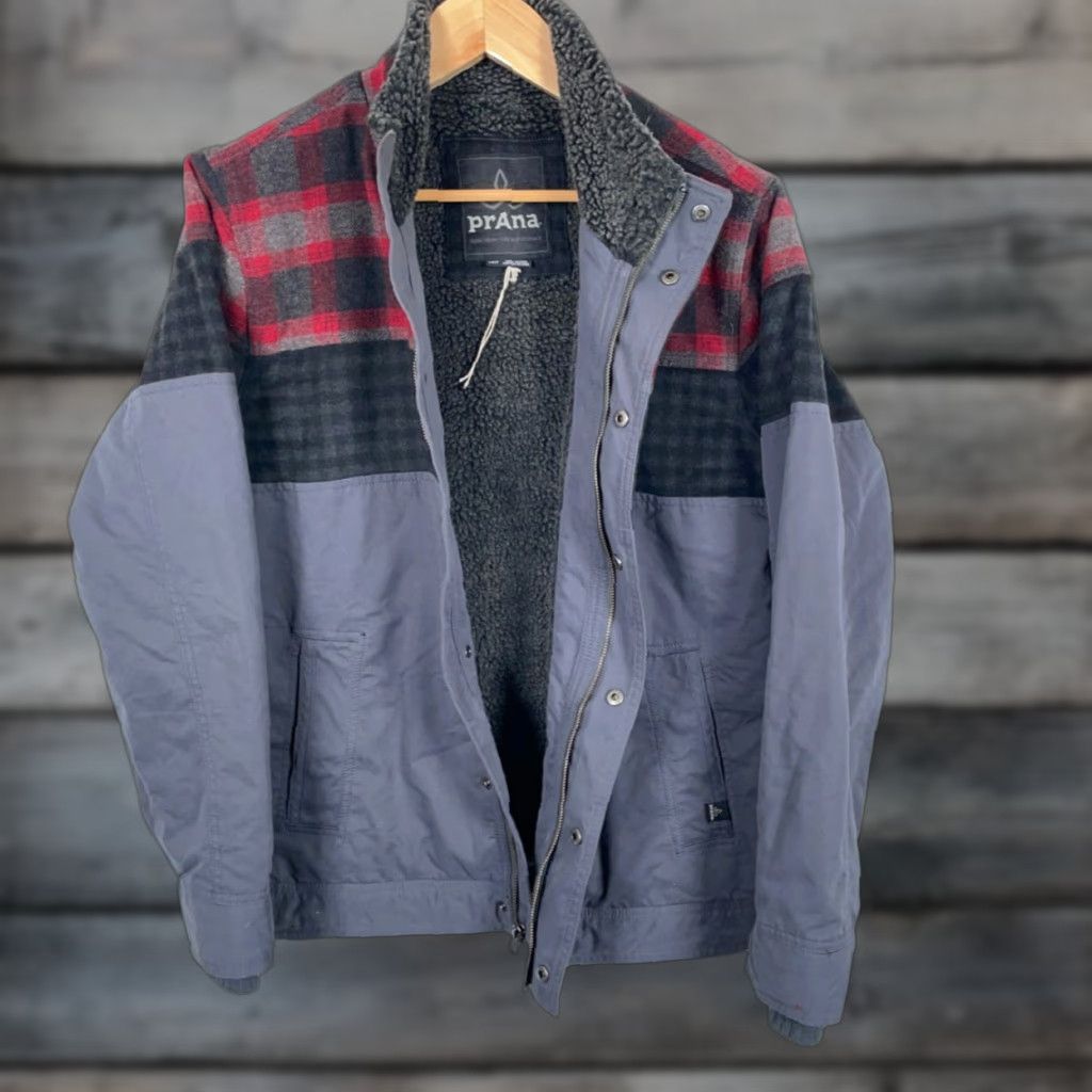 Prana prAna Jacket Men M Gray Cotton Red Plaid Wool Shell Sherpa Lined Zip Bomber Size US M / EU 48-50 / 2 - 1 Thumbnail