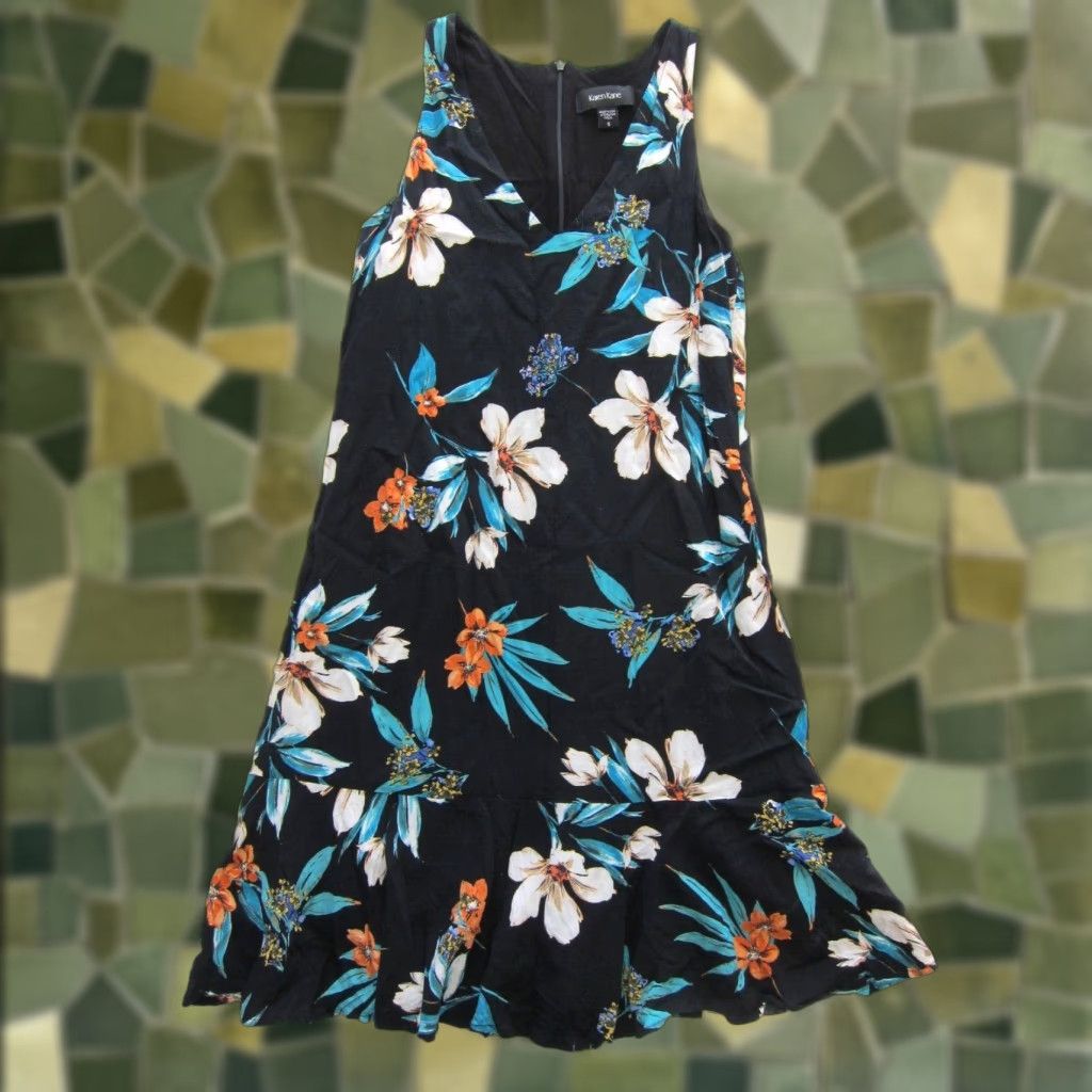 Vintage Karen Kane 100% Rayon Midi Sun Dress V-Neck Tank Tunic Sleeveless Small Black Blue Orange Women's Dress Size S / US 4 / IT 40 - 1 Thumbnail