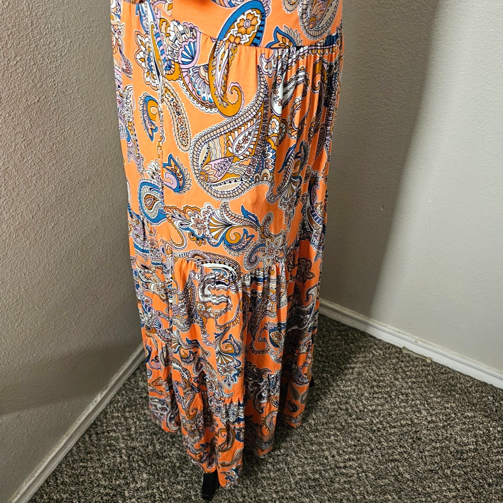 Boden Boden Maxi Dress Orange Paisley 6 R D0681 Cross Strap Back Short Sleeve Cap Sleeve Floral 100% Cotton Womens Size 28" / US 6 / IT 42 - 7 Thumbnail