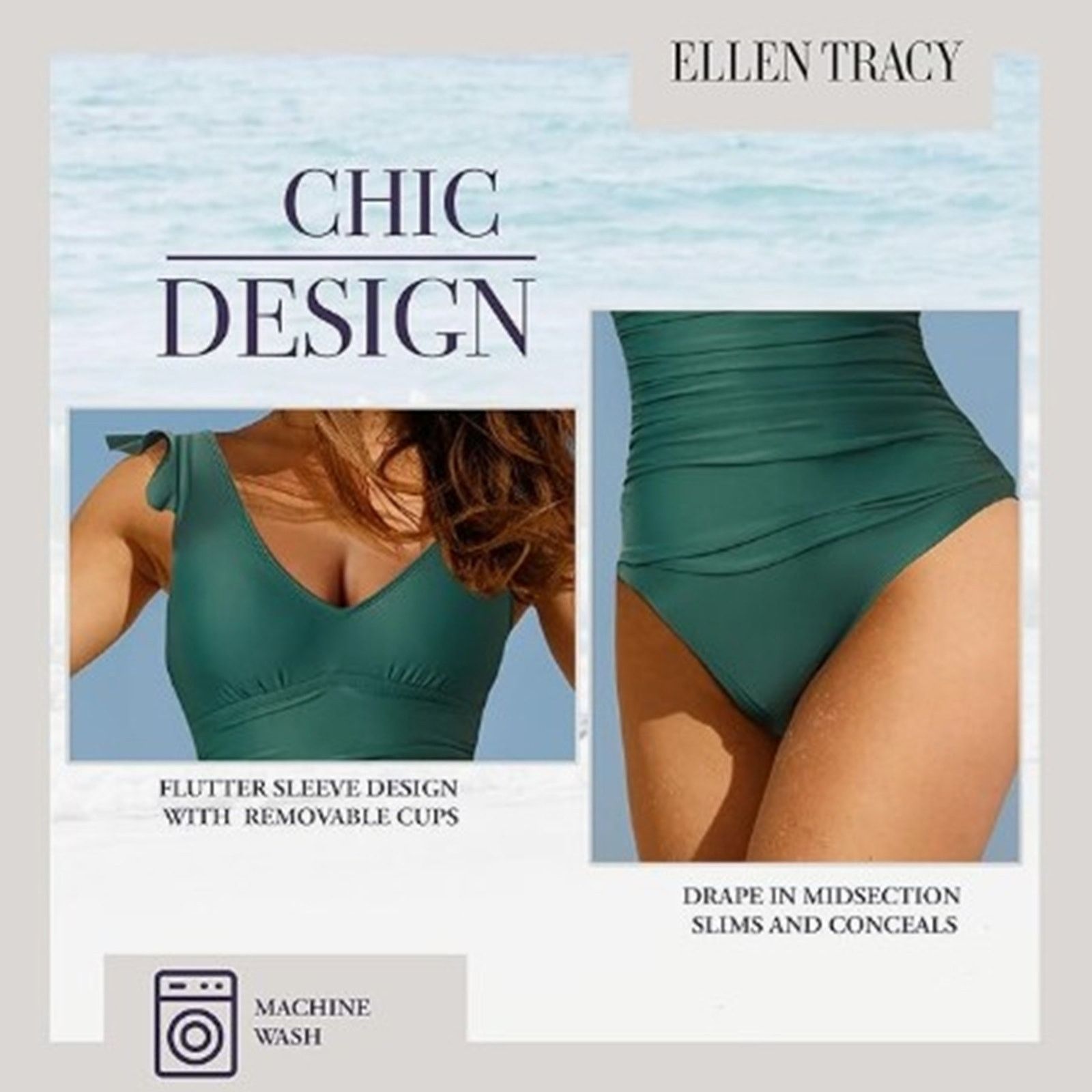 Ellen Tracy ELLEN TRACY Women's Mio One Piece Swimsuit Size 10 Dark Sage Size ONE SIZE - 4 Thumbnail