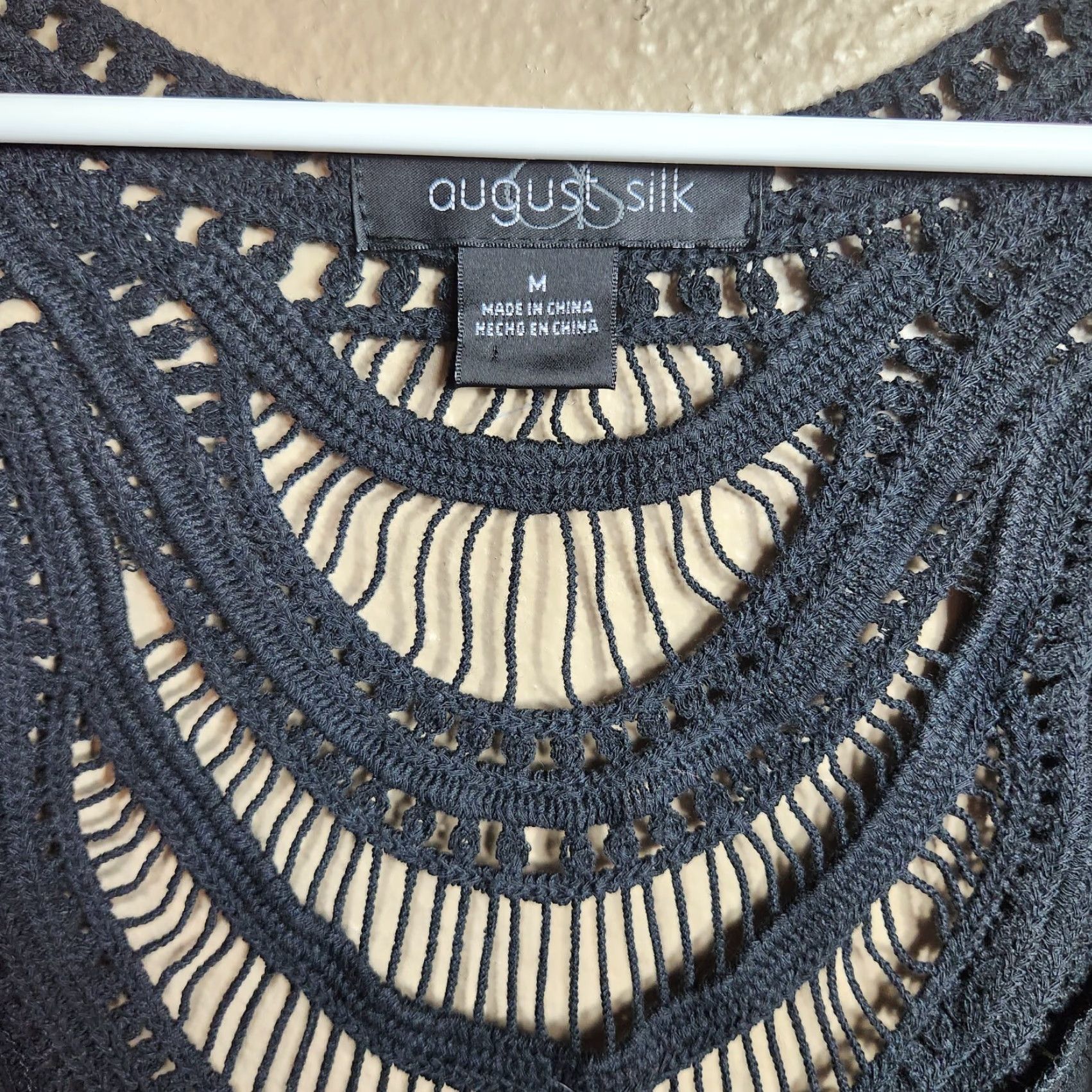 Vintage August Silk Womens Black Chiffon Jacket Open Crochet Inlay Tassels-Size M Bohemian Kimono 3/4 Sleeves Lightweight Satin? Wait no. Size M / US 6-8 / IT 42-44 - 3 Thumbnail
