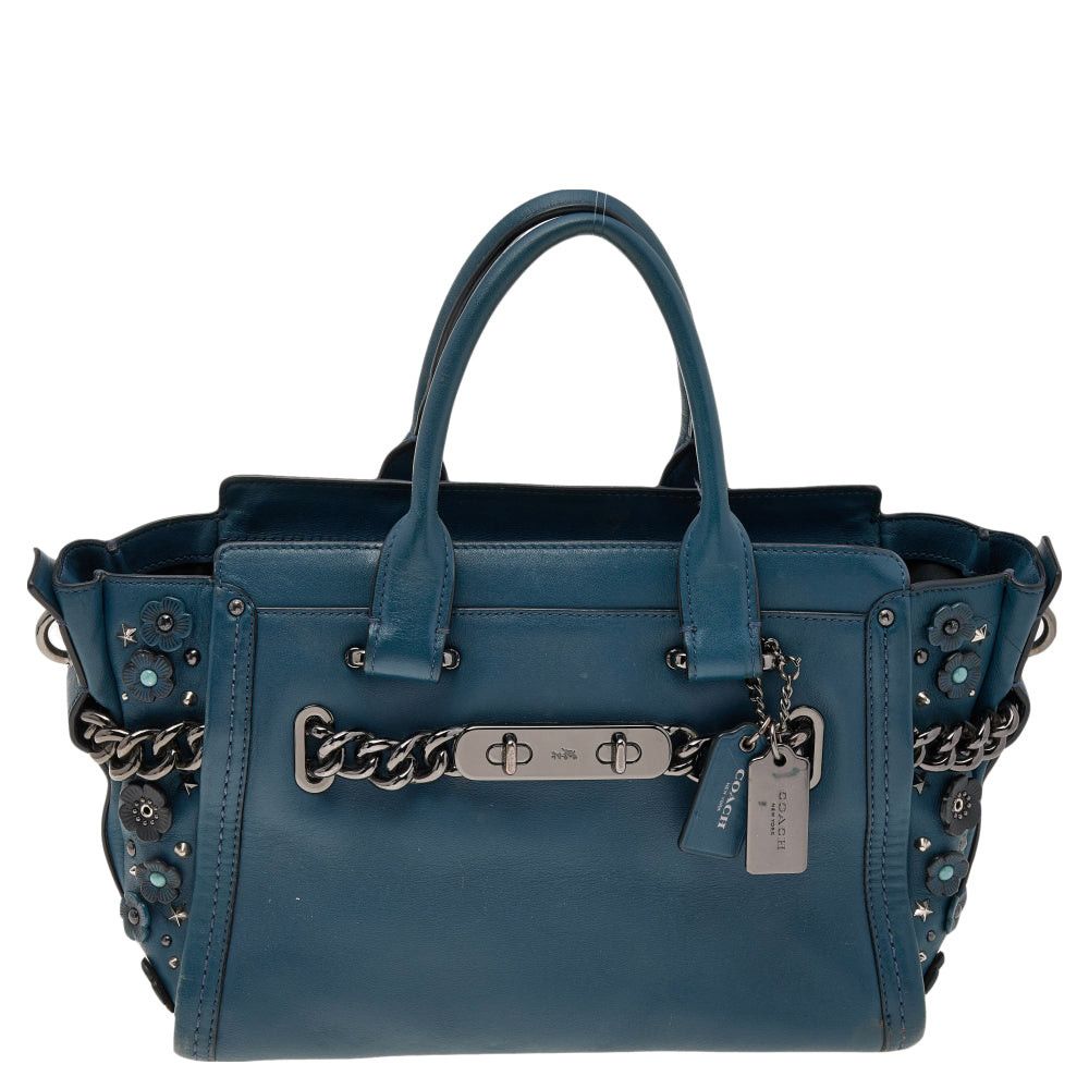 image of Coach Blue Patch Embellished Leather Swagger 27 Carryall Satchel in Black, Women's