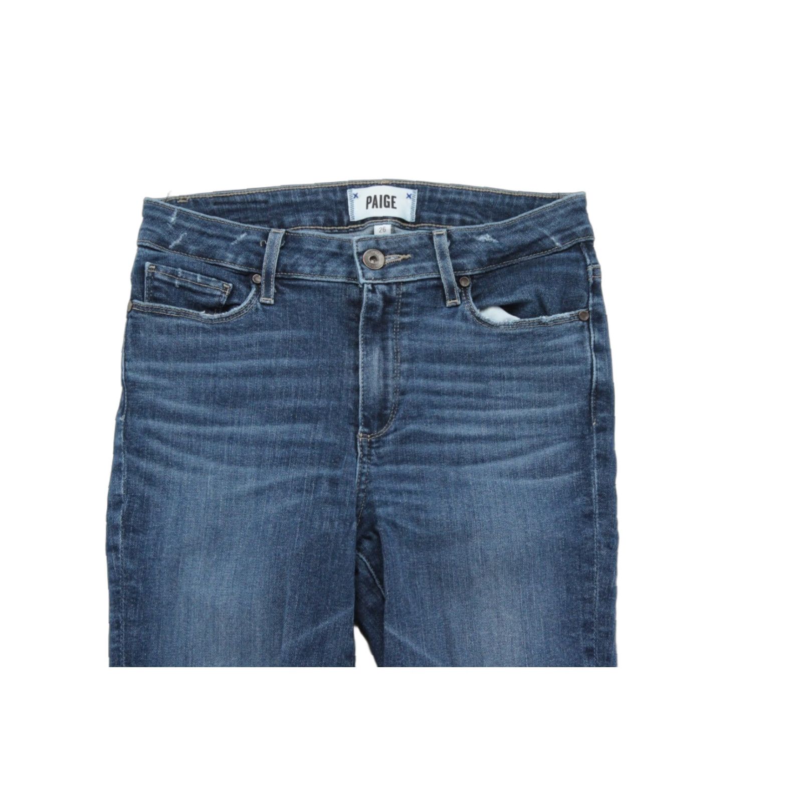Paige Hoxton Ankle Peg Jeans Mid Rise Skinny Med Wash Womens 26 Raw Hem Stretch