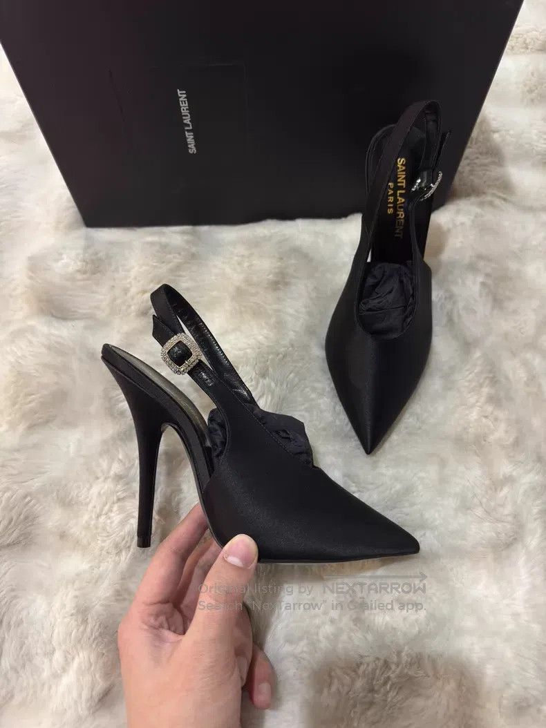 Saint Laurent Paris Saint Laurent Paris Black Satin Crystal Rhinestone High He Size US 5.5 / IT 35.5 - 1 Thumbnail