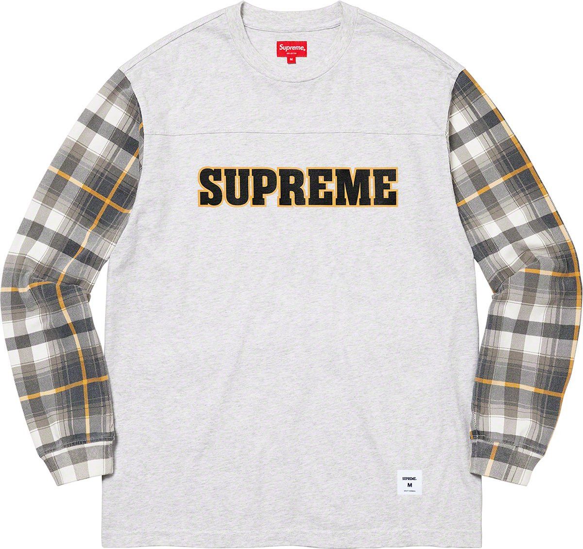 image of Supreme Plaid Sleeve L/s Tee Ash Grey Medium Size, Men's