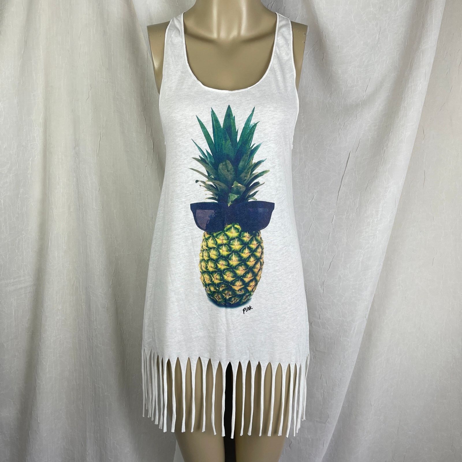 Pink Victoria’s Secret PINK White Fringe Tank Dress Pineapple NWT Size XS / US 0-2 / IT 36-38 - 1 Thumbnail