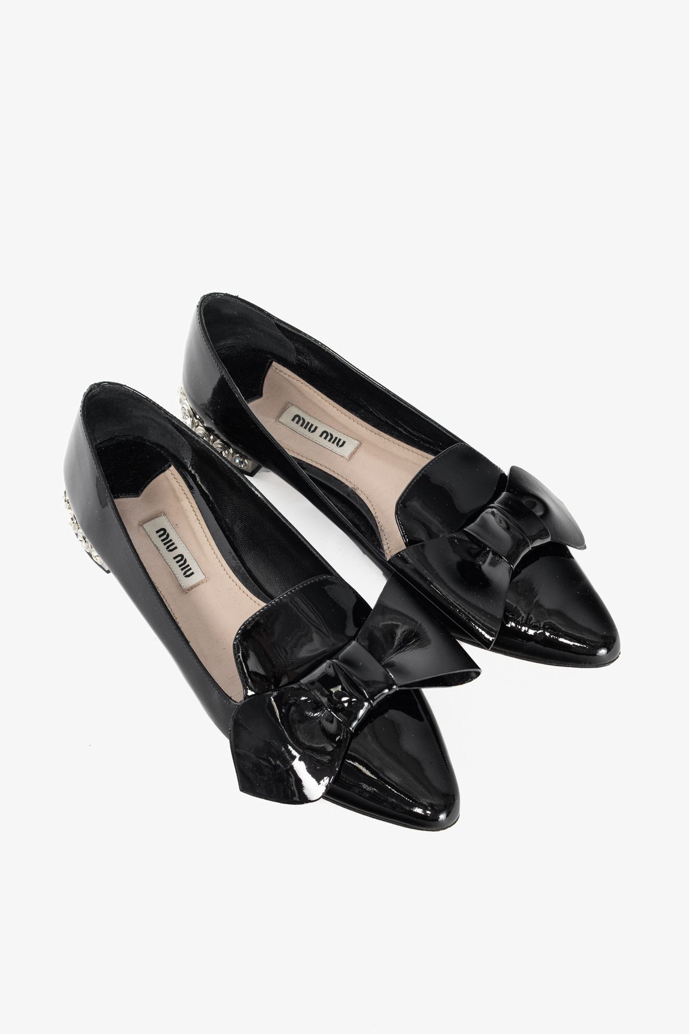 Miu Miu Miu Miu Black Patent Jewel-Heel Bow Pointed-Toe Flats Size US 6.5 / IT 36.5 - 1 Thumbnail