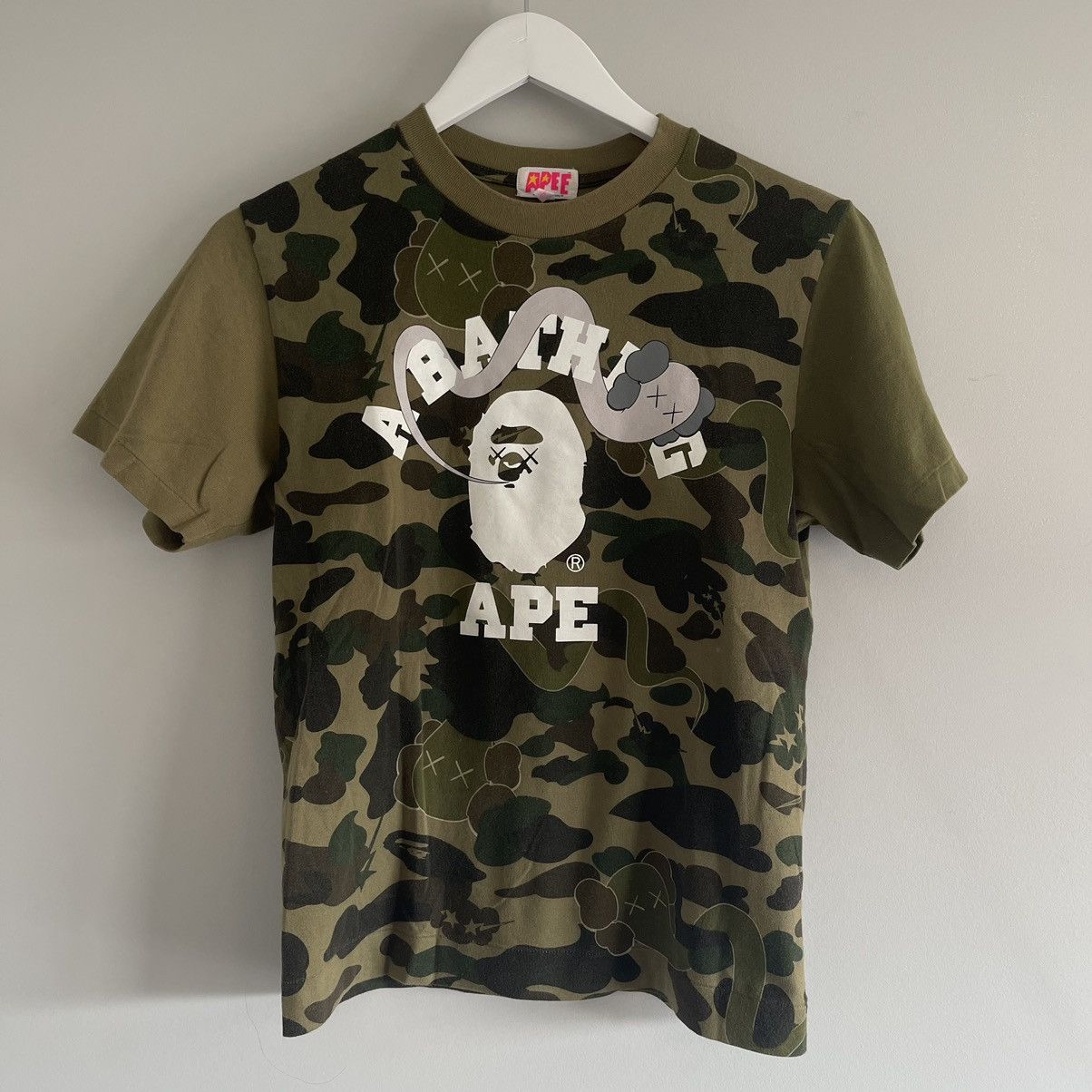 image of Bape Apee X Kaws Bendy Camo College Tee in Green, Women's (Size XS)