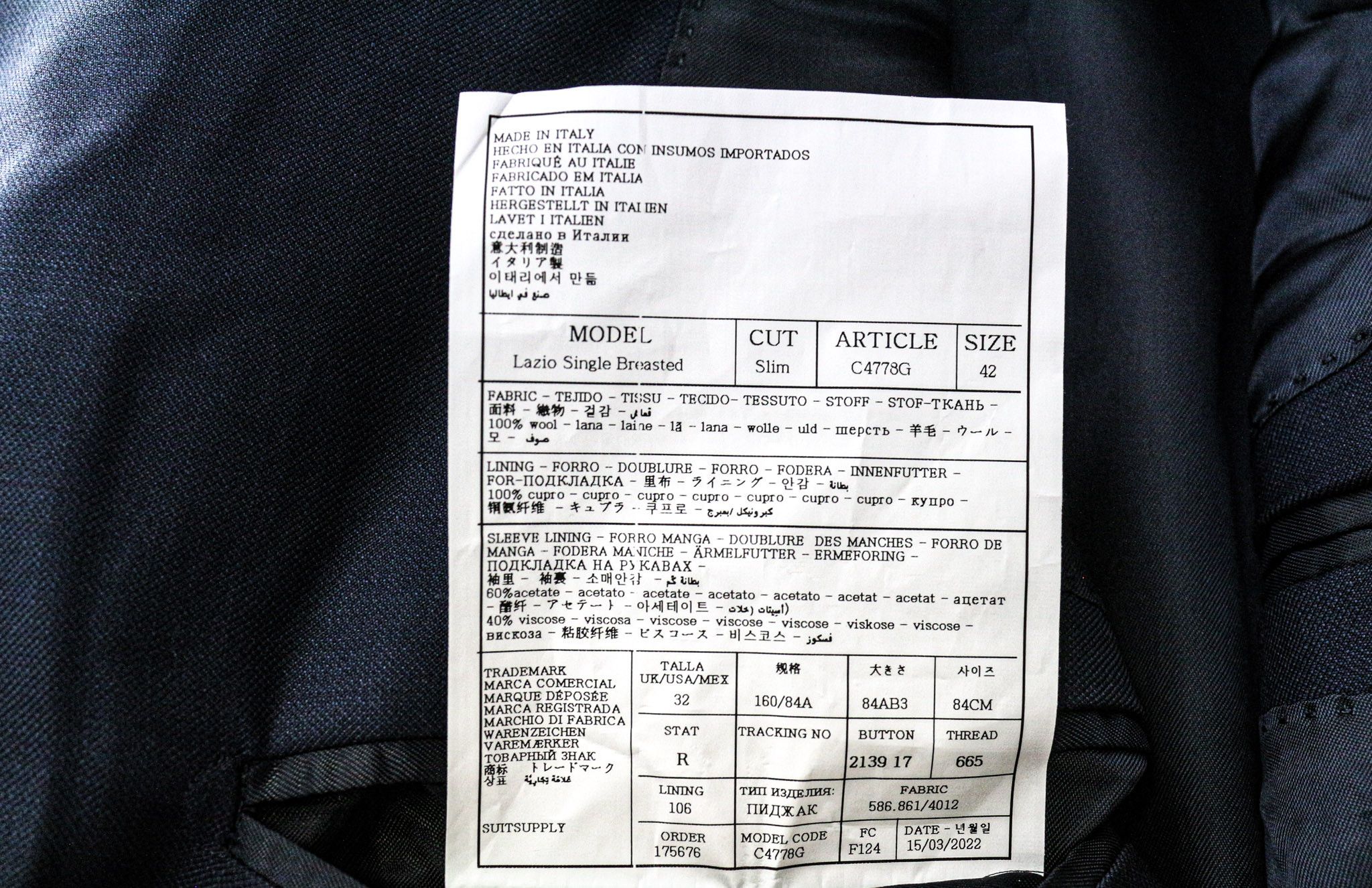 Suitsupply LAZIO UK32R Blue Wool Super 110's Slim Suit 75703 Size 34S - 9 Thumbnail