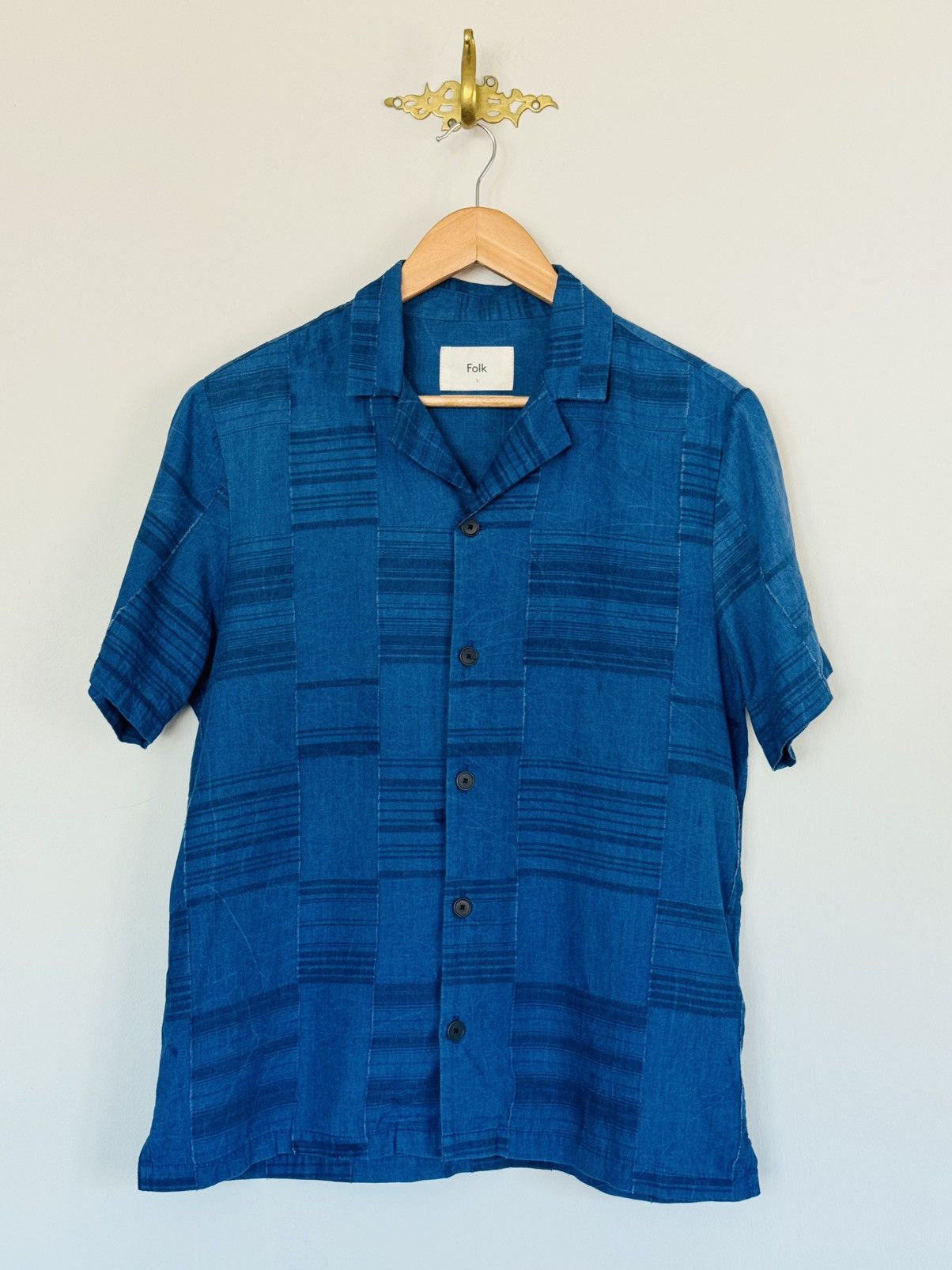 Folk Folk Camp Collar Frayed Patchwork Cotton Shirt indigo Blue 3 Size US M / EU 48-50 / 2 - 1 Thumbnail