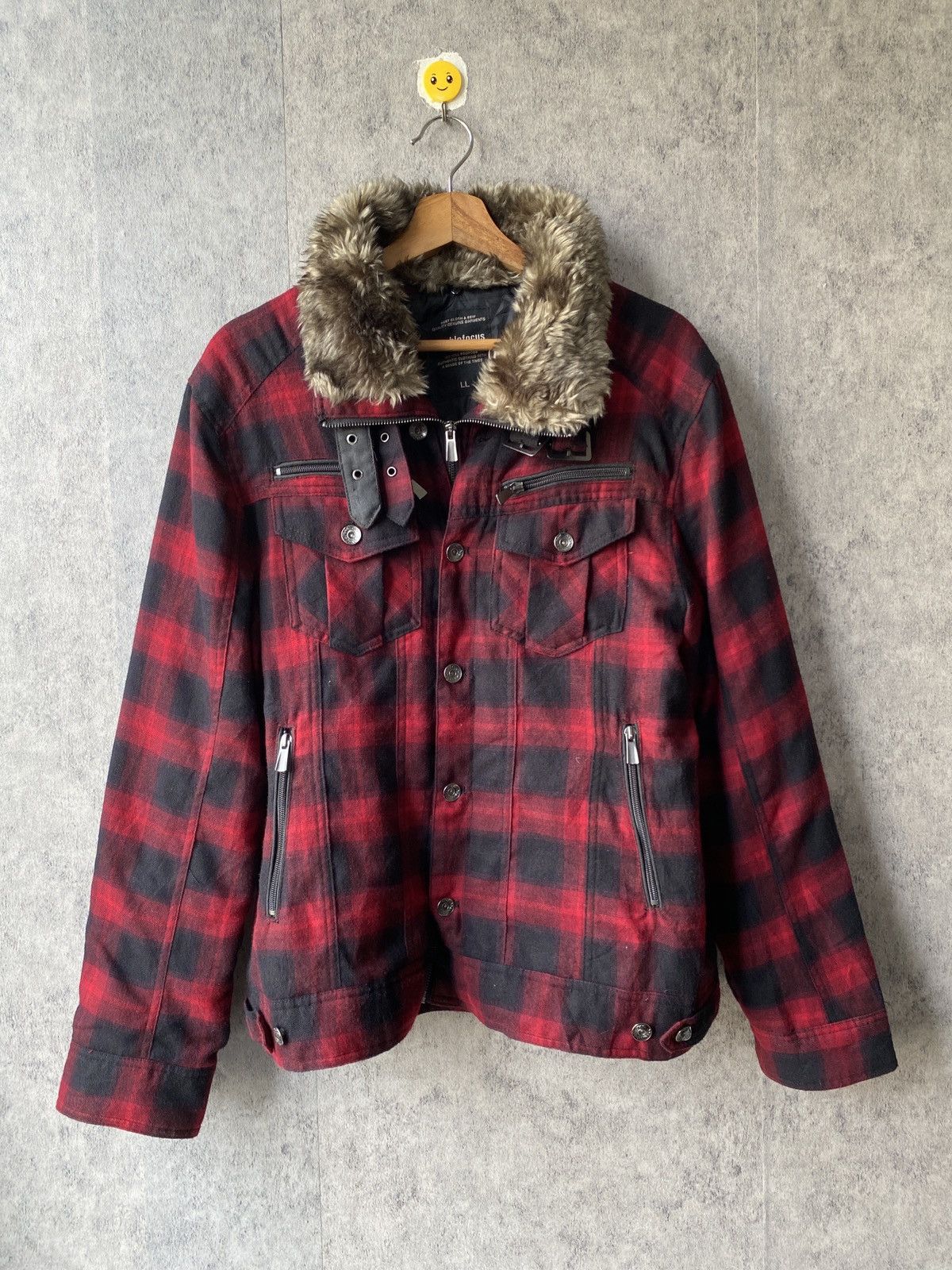 If Six Was Nine Double Focus Red Tartan Design Fur Zipper Jacket Size US L / EU 52-54 / 3 - 2 Thumbnail