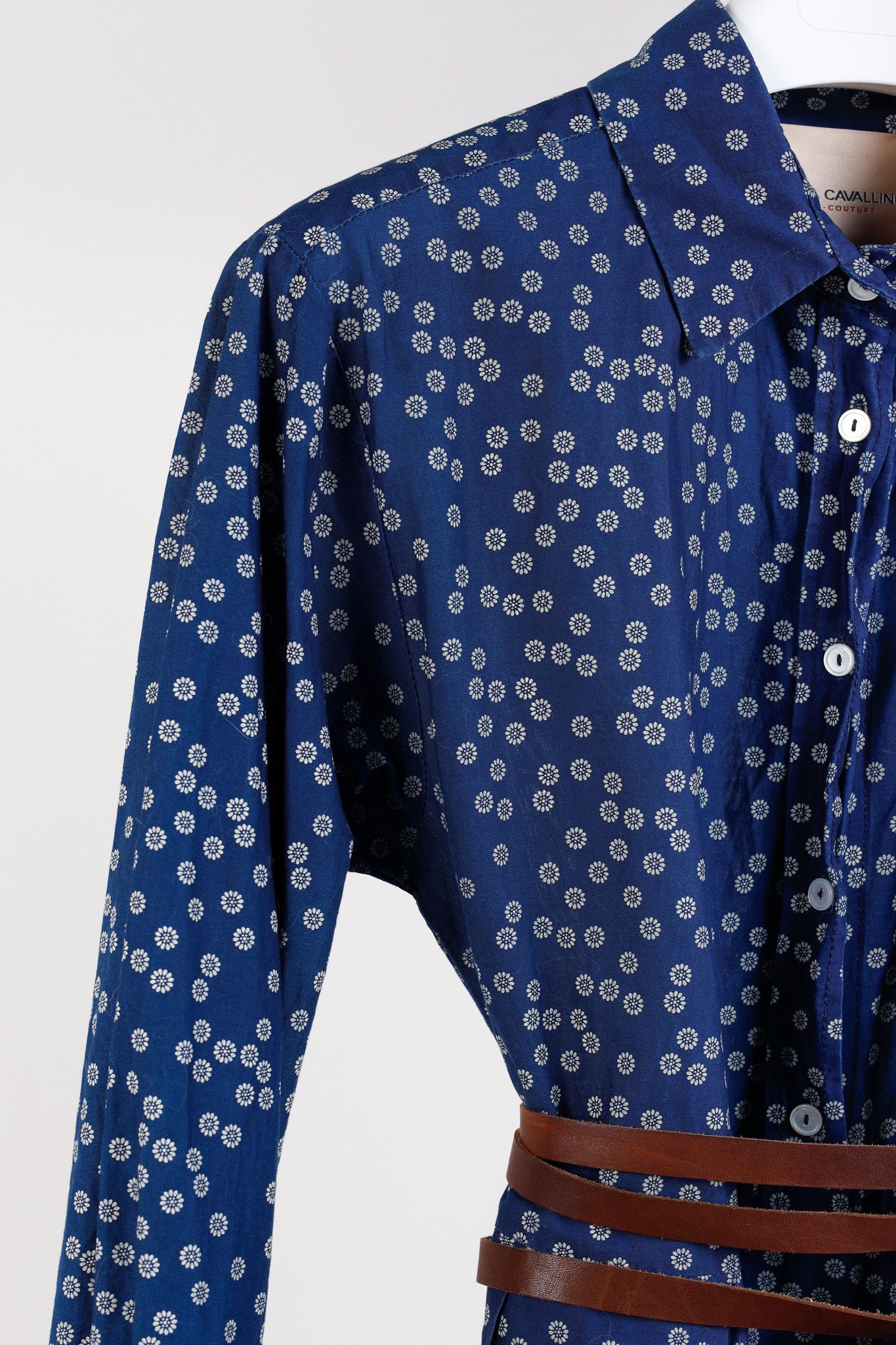 Designer Erika Cavallini SS/15 Blue Daisy Cotton Belted Shirt Dress Size XS / US 0-2 / IT 36-38 - 5 Thumbnail