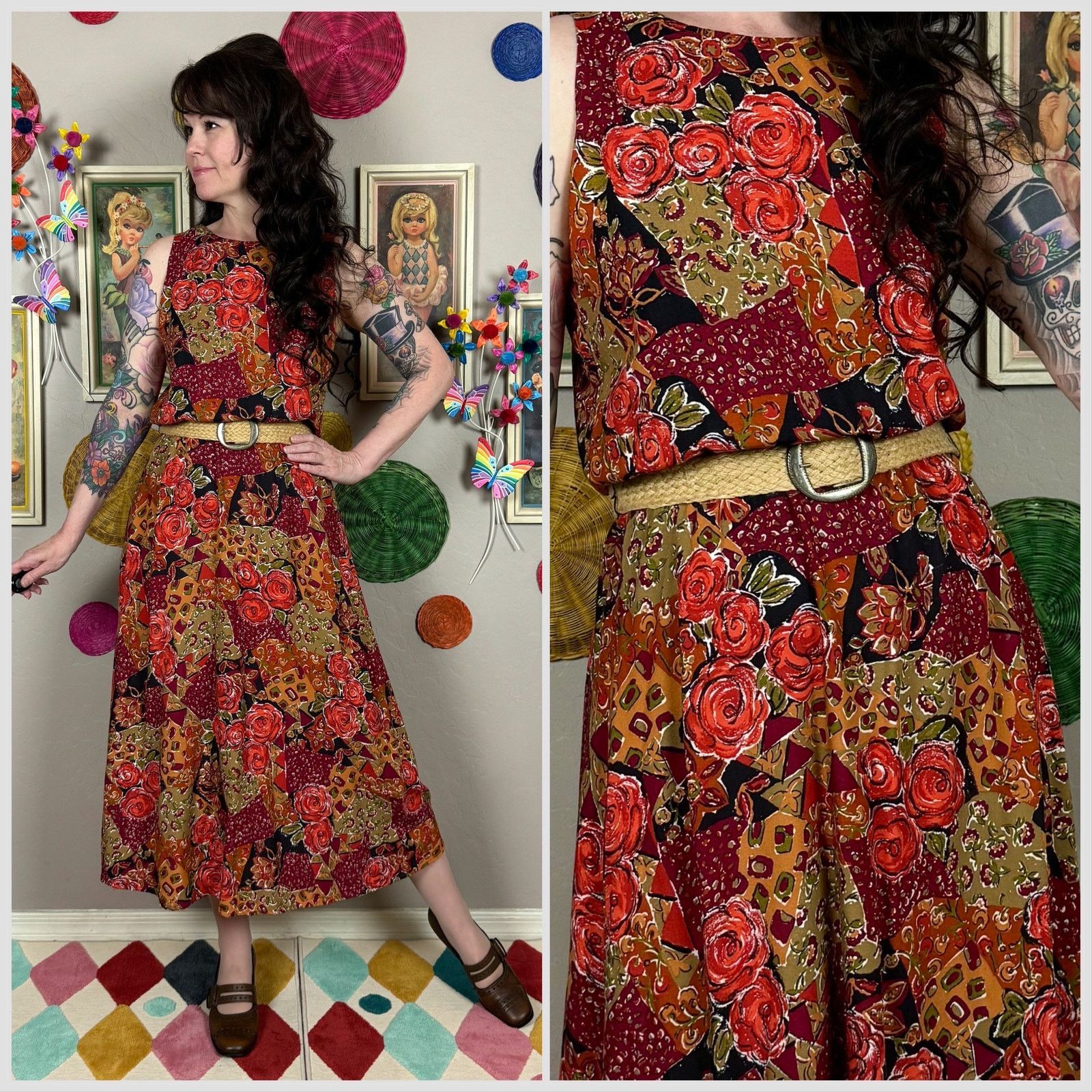 Vintage 1980s Sleeveless Floral & Patchwork Print Belted Midi Dress Size S / US 4 / IT 40 - 1 Thumbnail