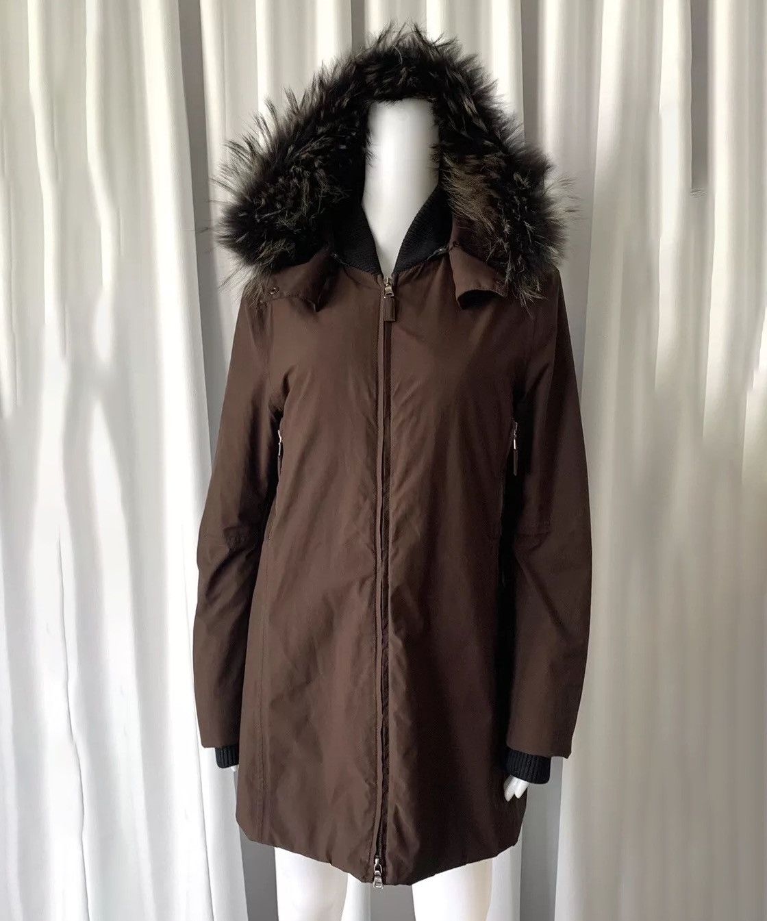 Prada PRADA Jacket Nylon Brown Zip Coat Red Tab Fur Hooded Size M / US 6-8 / IT 42-44 - 1 Thumbnail