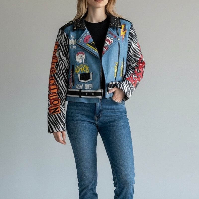 Azalea Wang Azalea Wang Blue Faux Leather Moto Jacket Zebra Sleeve Small Size S / US 4 / IT 40 - 20 Thumbnail