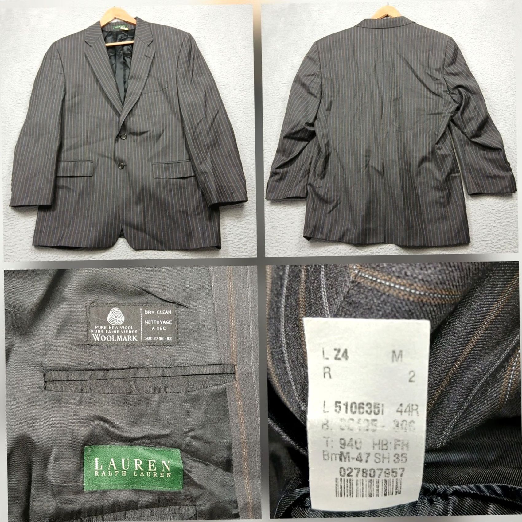 Ralph Lauren Lauren Ralph Lauren Blazer Men's 44R Gray Pinstripe Two Button Wool Size 44R - 2 Thumbnail