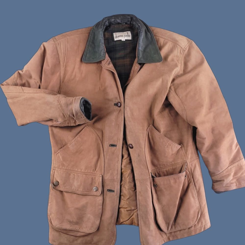 Vintage Donna Pelle Coat Womens Large Brown Leather Flannel Quilted Distressed Bomber Jacket Size L / US 10 / IT 46 - 1 Thumbnail