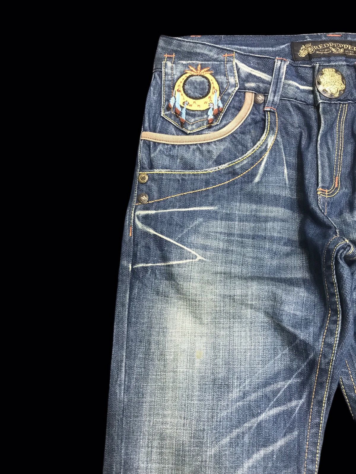 Japanese Brand 💥FLARE💥ARCHIVAL REDPEPPER CHIEFHEAD EMBROIDERY DENIM F257 Size US 31 - 4 Thumbnail