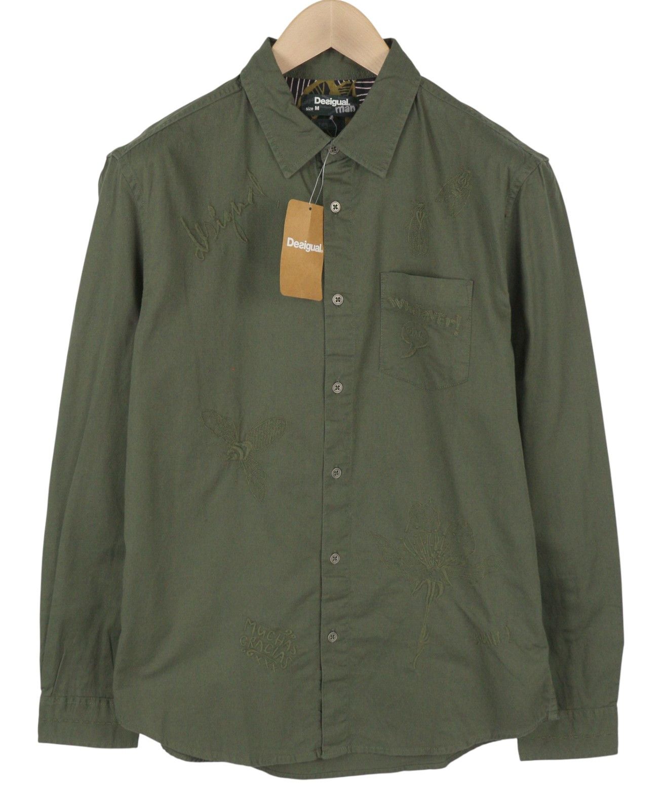 Desigual CAM MARCOS M Khaki Green Embroidered Shirt 88974 Size US M / EU 48-50 / 2 - 2 Thumbnail