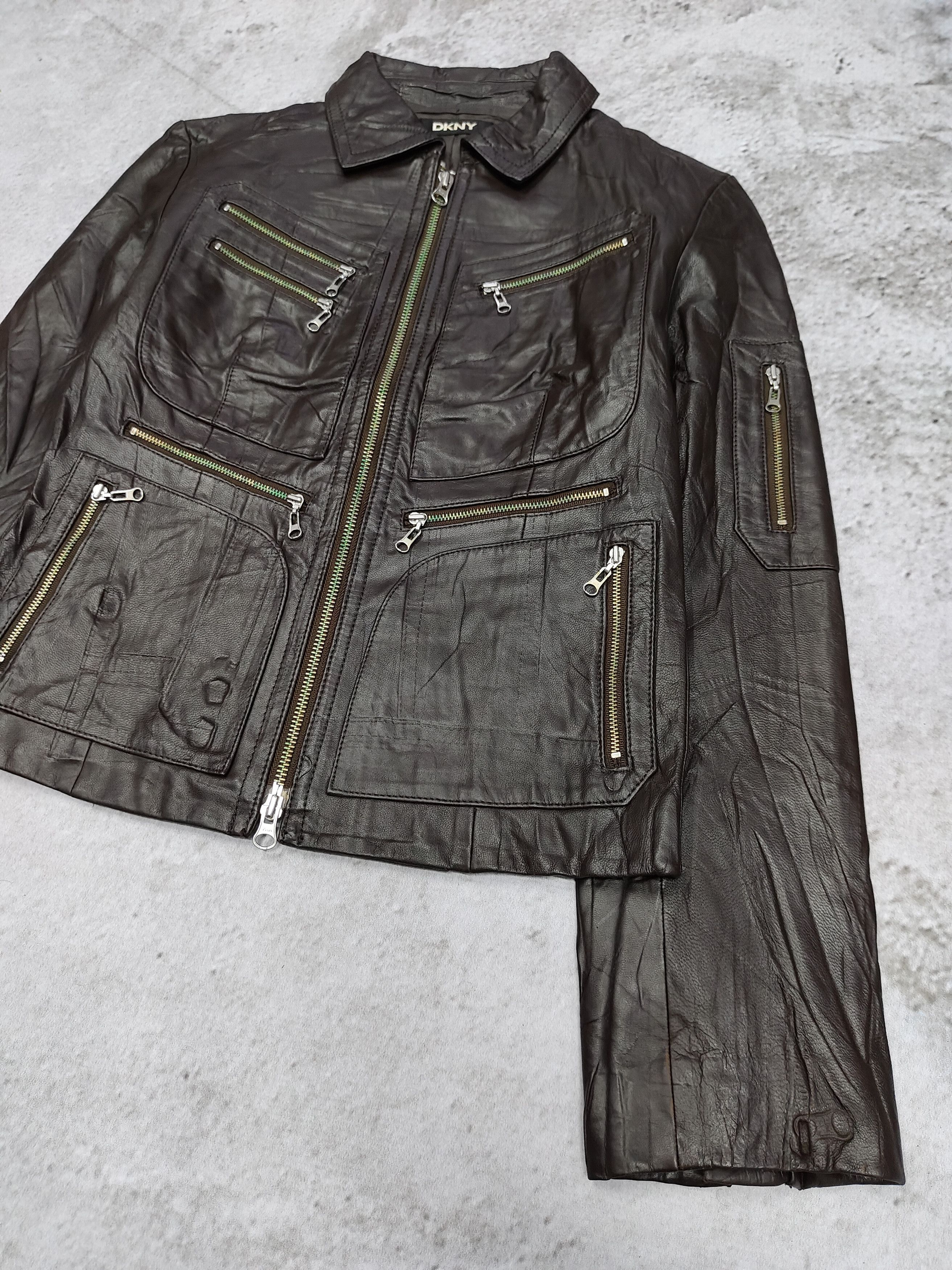 DKNY 2000s DKNY- Multi Zip Pocket Moto Sheepskin Leather Jacket Size M / US 6-8 / IT 42-44 - 2 Thumbnail