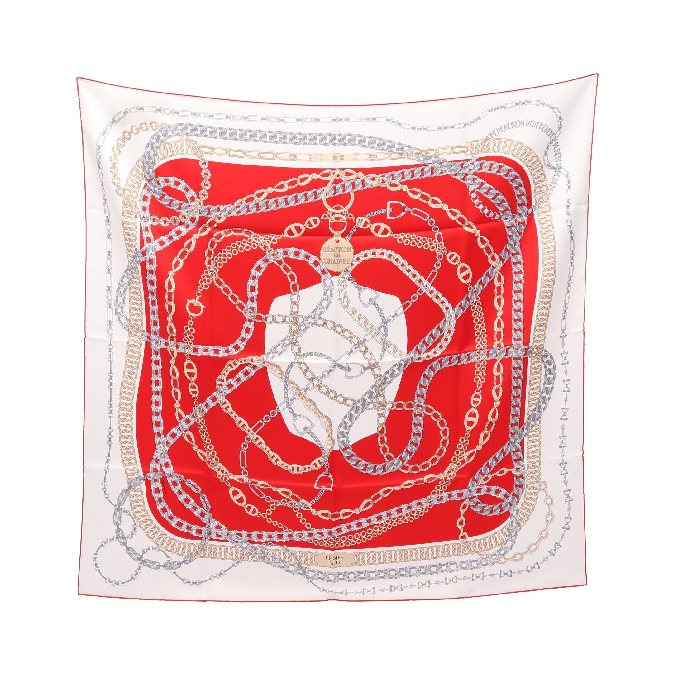 Hermes Hermes Carres 90 Reaction En Chaines Scarf Silk Off White Red Multicolor Size ONE SIZE - 1 Thumbnail