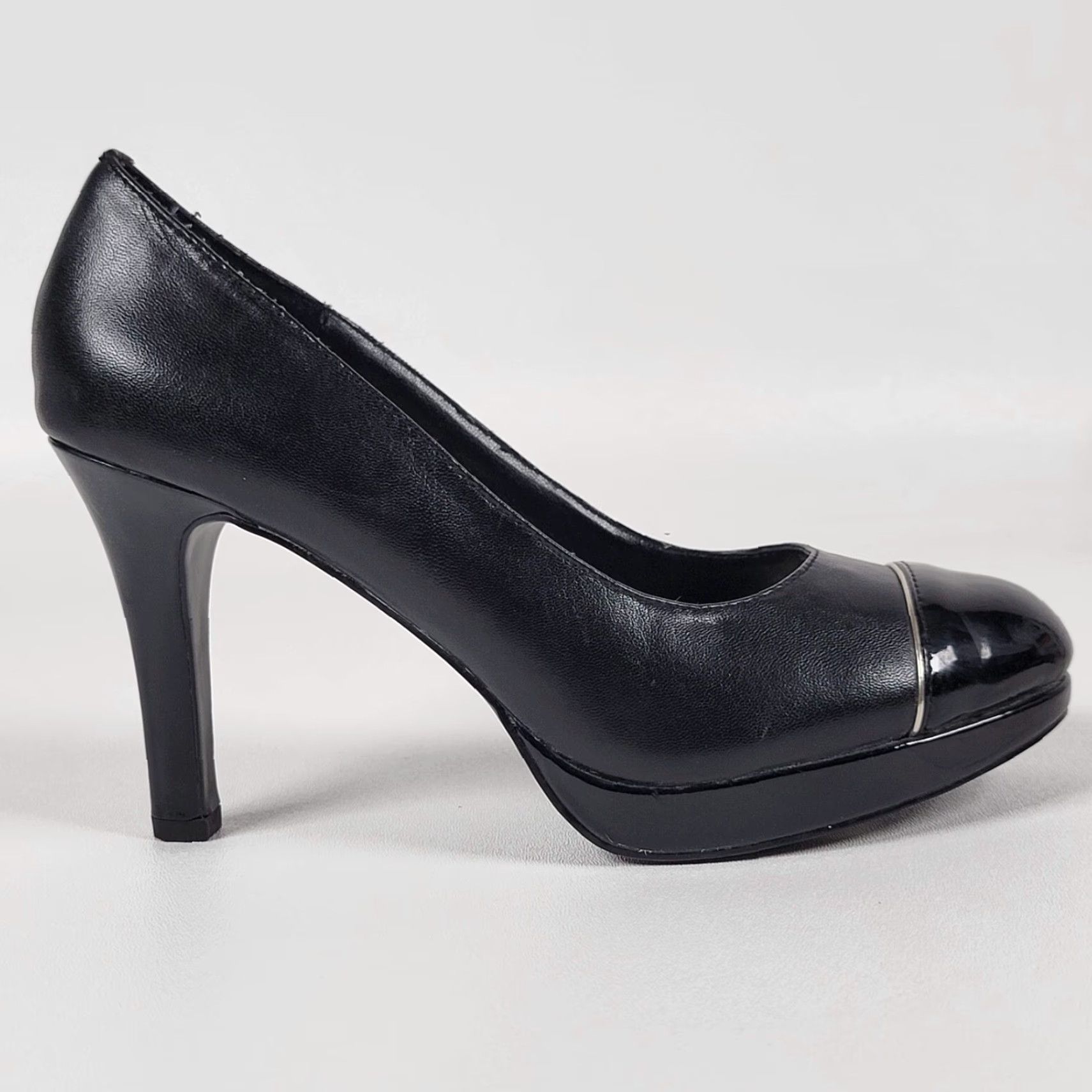 Vintage Tahari Laurie Womens Size 7 Black Leather Cap Toe 4" Heels Pumps Dress Shoes Leather Patent Leather Cap Toe Stiletto Womens Shoes Size M / US 6-8 / IT 42-44 - 4 Thumbnail